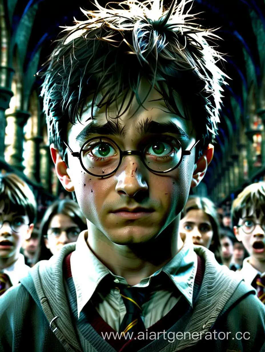 Ultra realistic photorealistic image: Harry Potter is a skinny boy with small round glasses, behind which his green eyes, similar to his mother's, were hidden. He has dark hair that sticks out unruly in all directions, despite attempts to make it look more tidy. Harry usually dressed in a standard school uniform: black trousers, a white shirt and a cardigan. There was always a lightning-shaped scar on his forehead, a reminder of the fateful night when he survived the Dark Lord's attack.