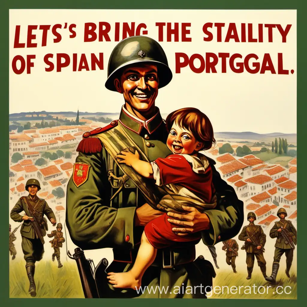 In the foreground is a joyful soldier with a child in his arms. There is a military formation in the background towards the fields. The inscription above it: "Let's bring back the stability of Spain and Portugal!"