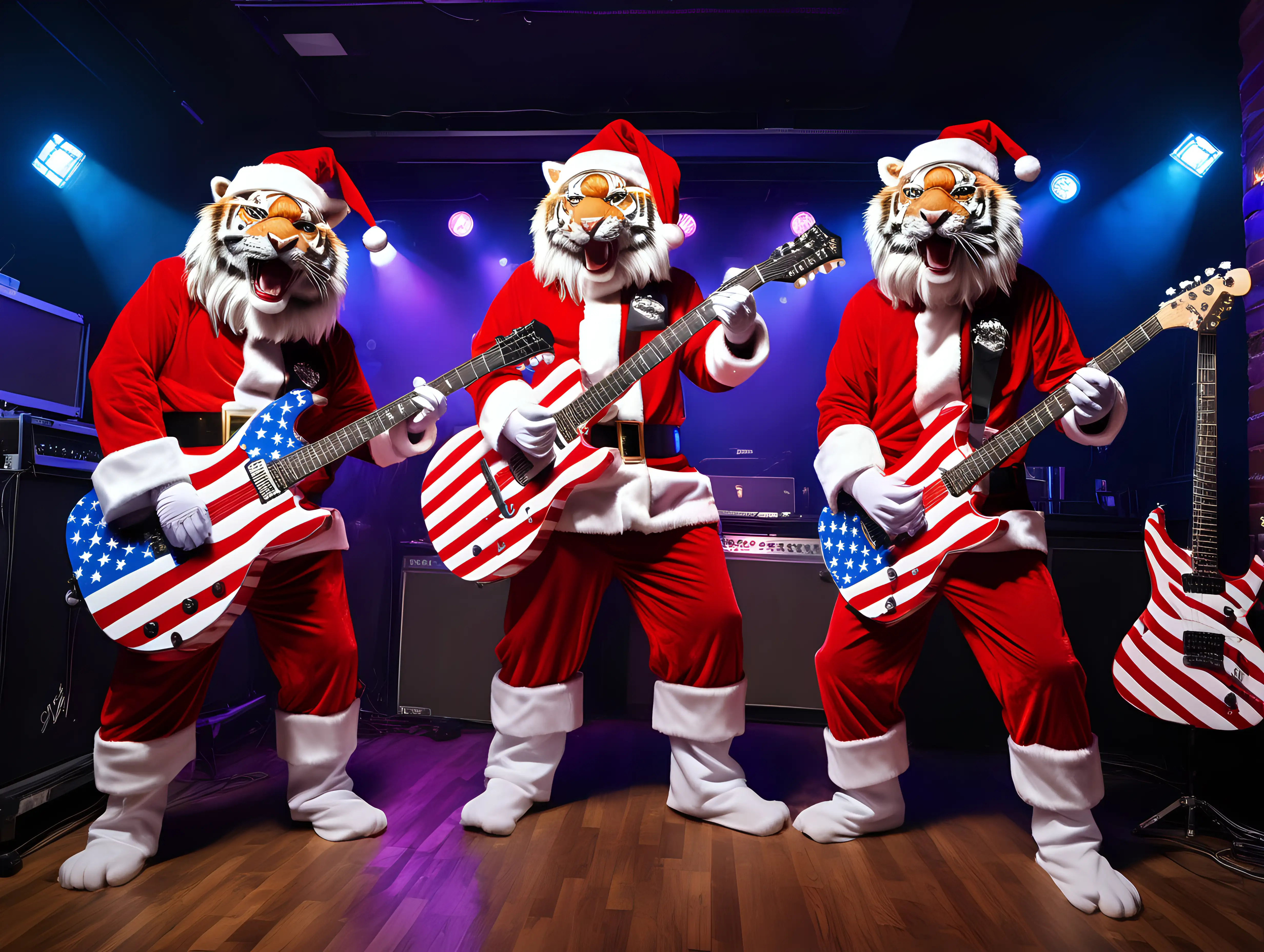 3 tigers playing stars and stripes guitars wearing 
Santa Claus costumes on a night club stage