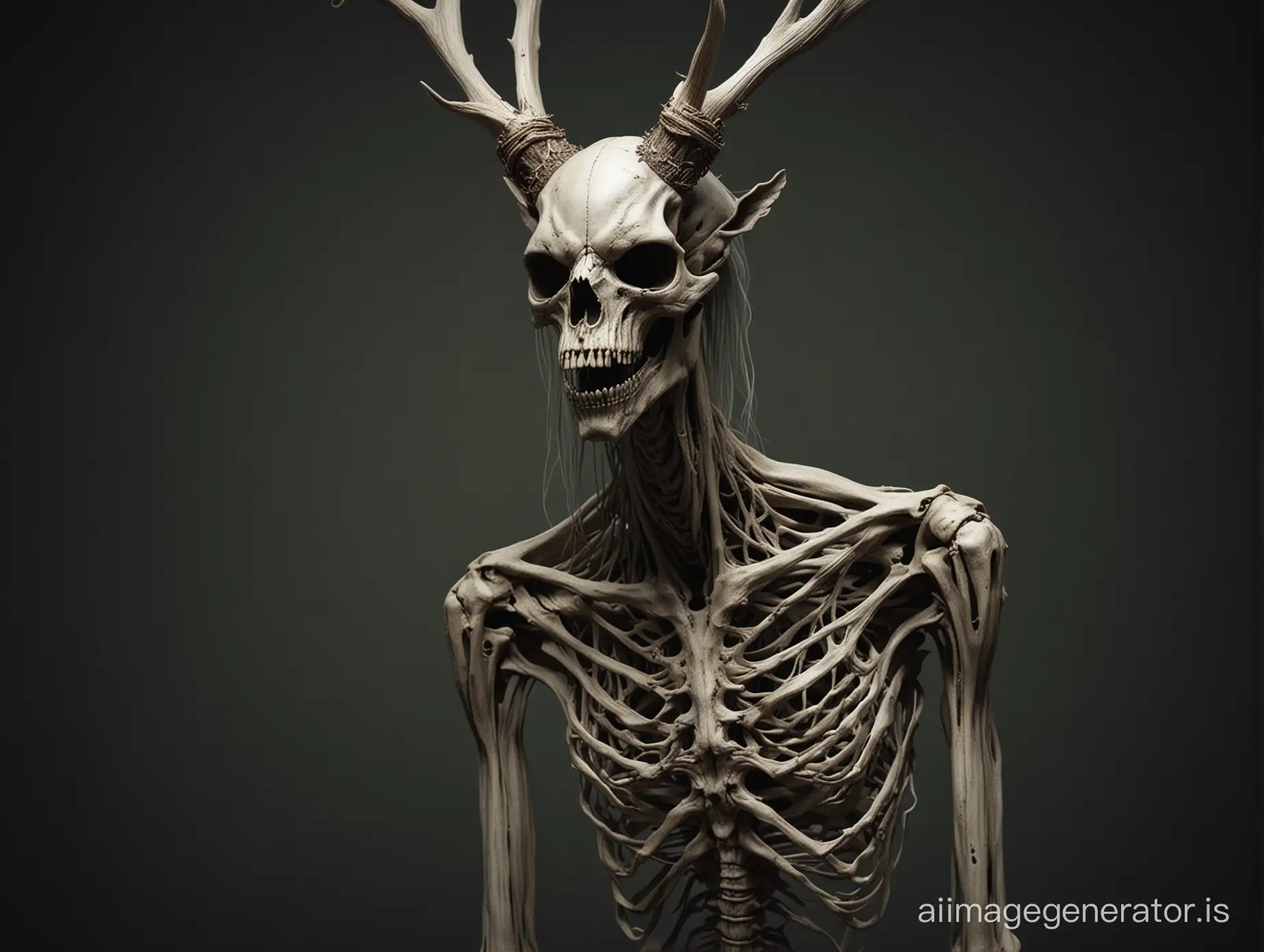 full body wendigo folk horror, ominous, eerie, realistic, extremely hungry, barebones, long nails, deer skull