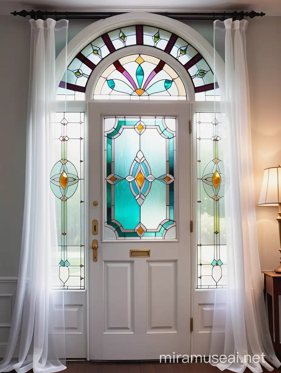 витражная дверь тиффани из цветного стекла на фоне штор из белой органзы