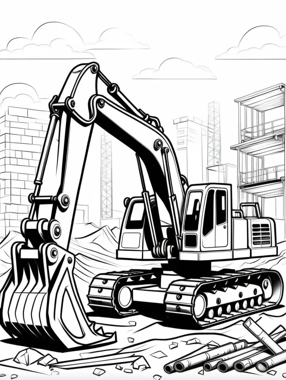 Retro Excavator Machine Coloring Page with Construction Site Background
