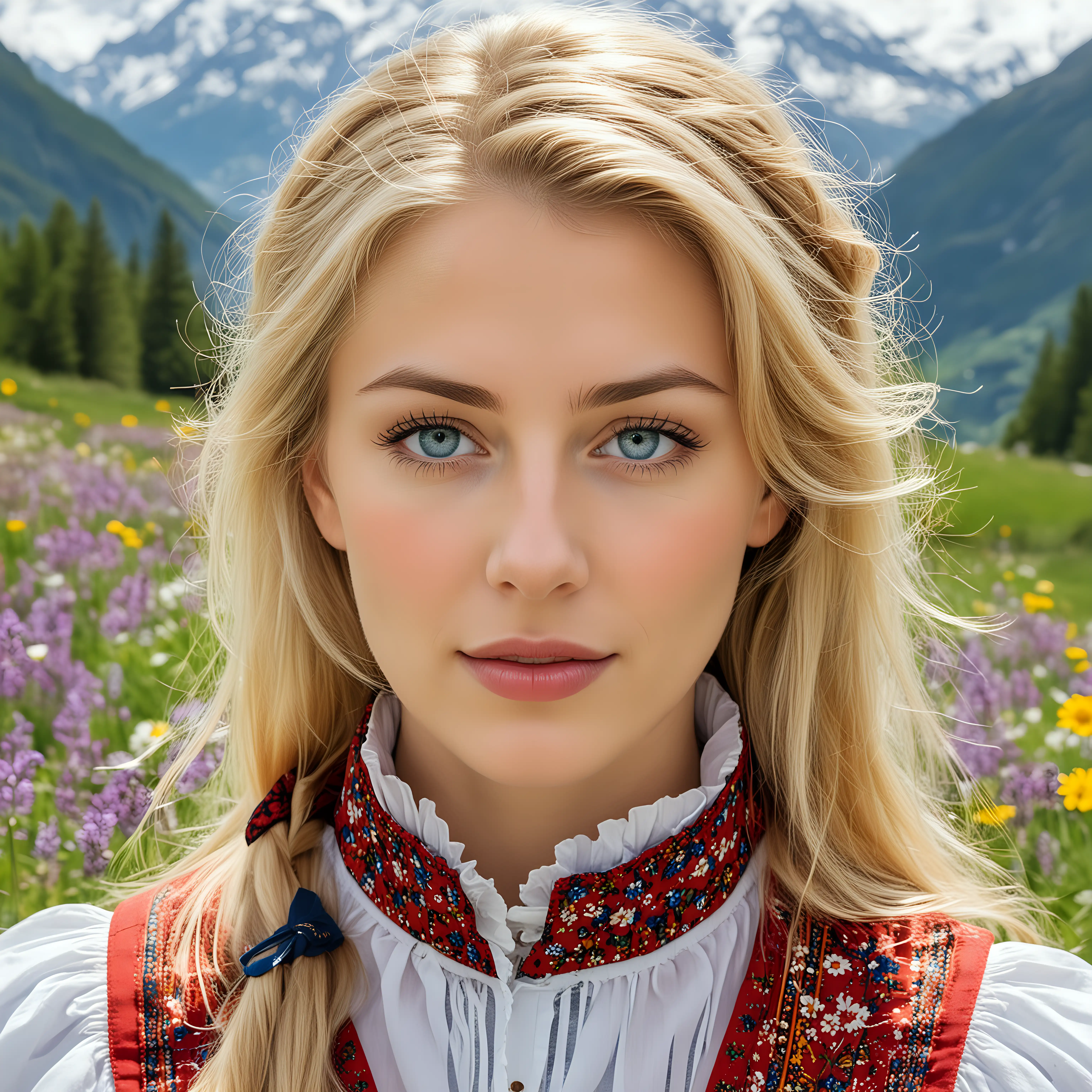 Swiss Woman in Traditional Clothing amidst Alpine Spring Wildflowers