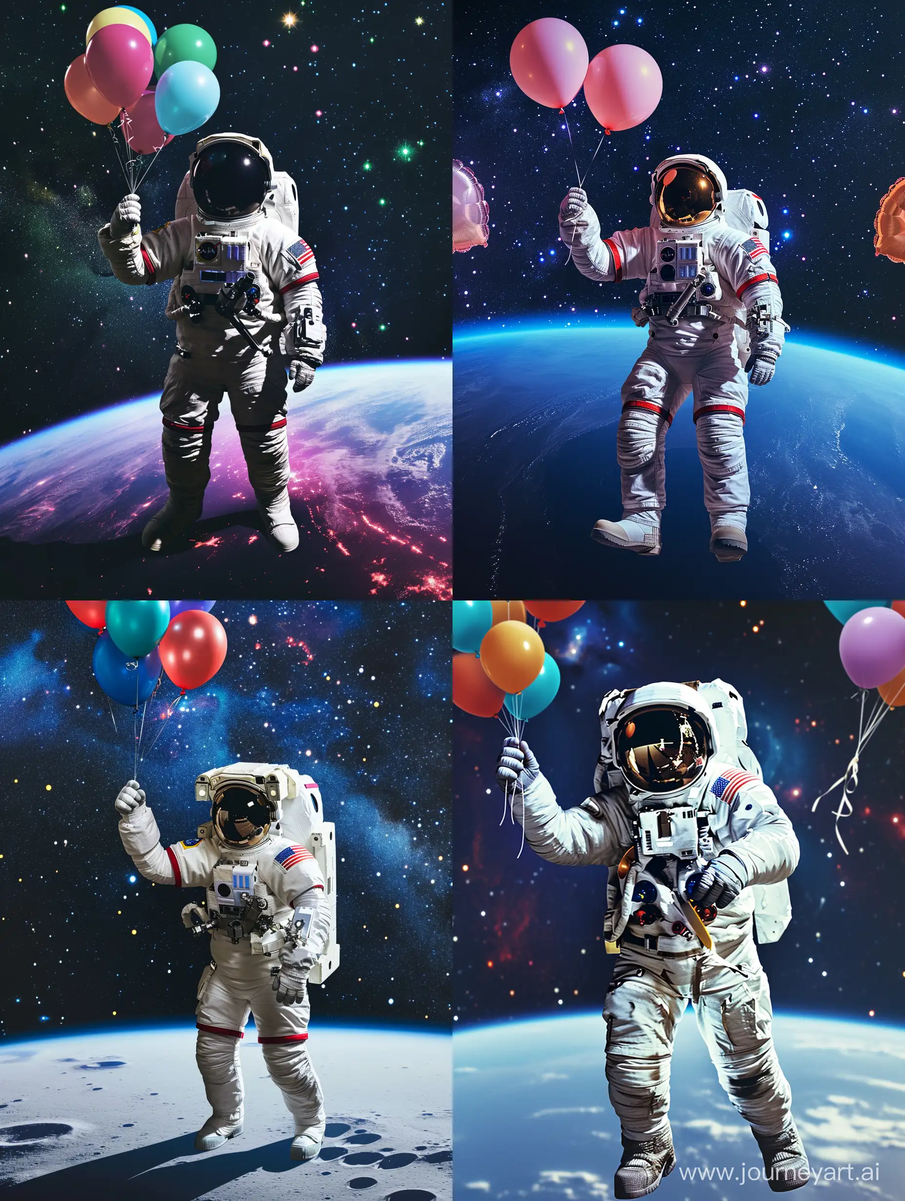 An astronaut with balloons in his hand in space