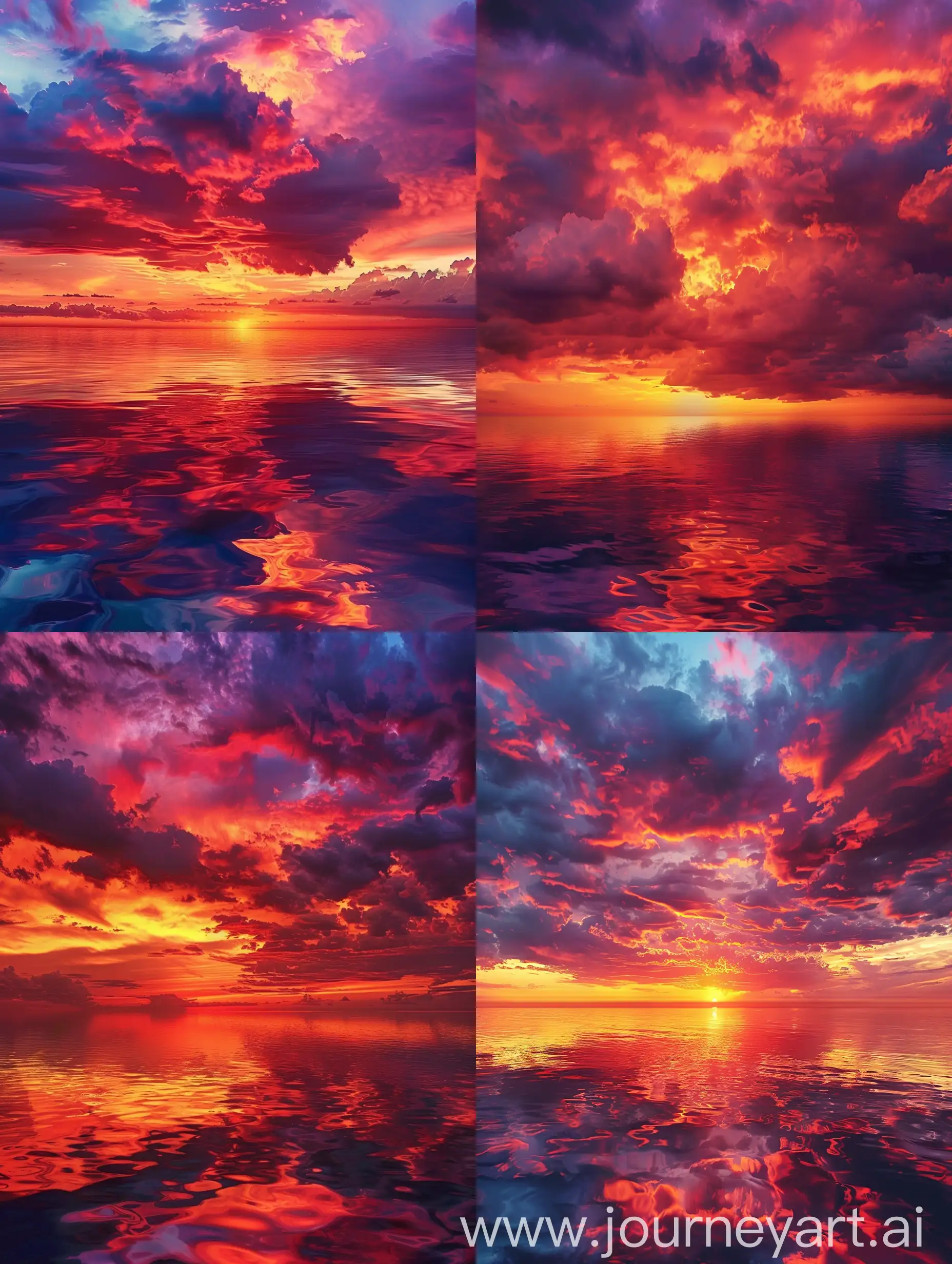  {"":"A vibrant sunset sky filled with shades of deep red, orange, and purple, with the sky appearing almost fiery, reflecting on a serene sea that mirrors the intense colors above. The clouds are thick and dramatic, adding a dynamic texture to the sky. This moment of twilight casts a surreal glow over the waters, giving them a near-magenta hue. The transition from day to night is captured at its most dramatic, with the colors at their peak intensity and the clouds and sea appearing almost otherworldly in their beauty.","size":"1024x1024"}
