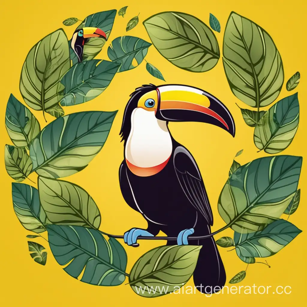 toucan in leaves, logo for a restaurant, yellow background