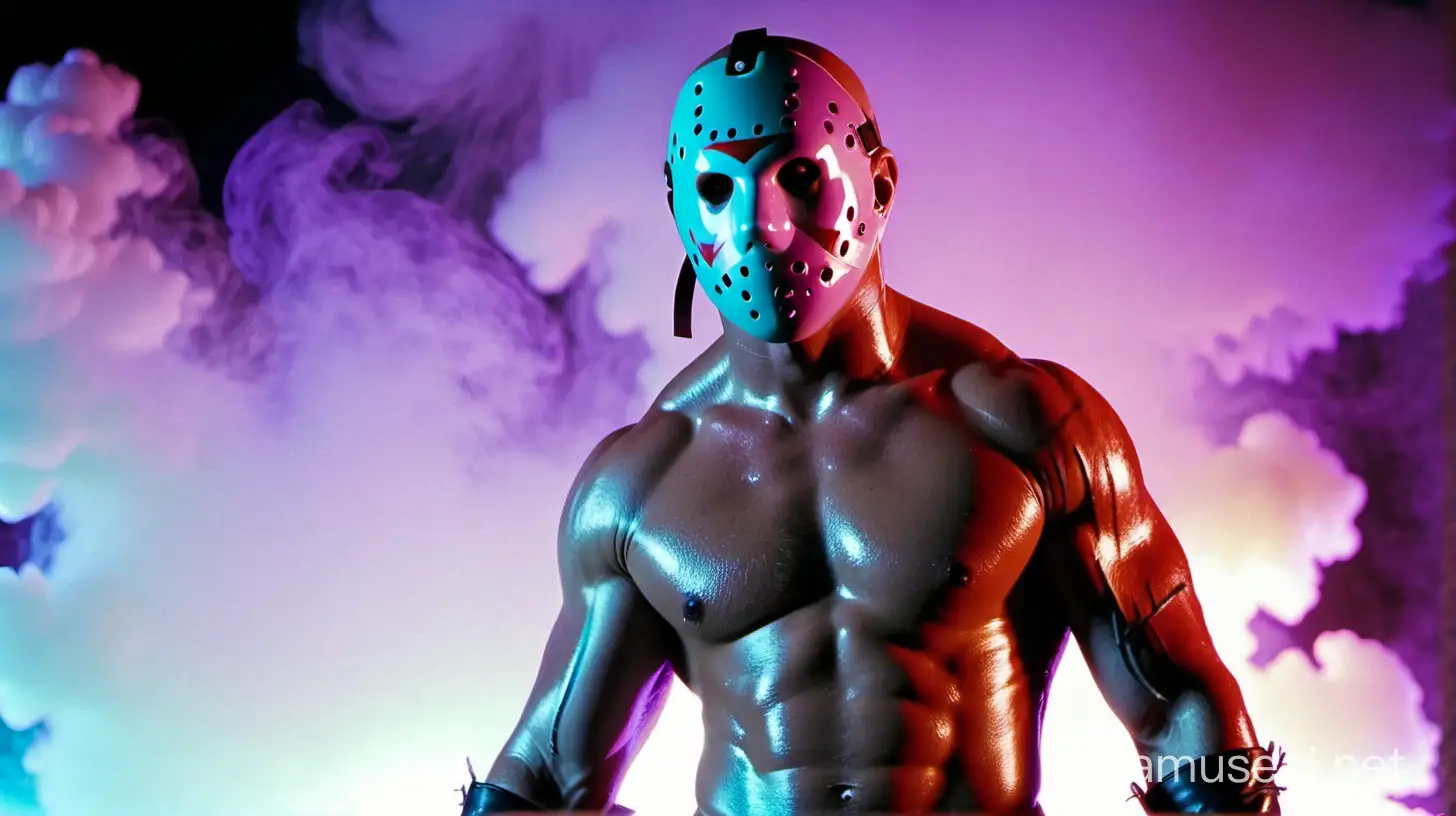 Sexy male gay hunky Jason Voorhees, wearing only rags, muscualr, buff, beefy, big butt, detailed, HD 4K, cinematic, cyan and purple smoke, camp, scary movie vibe, 1980's, farthr away body shot.