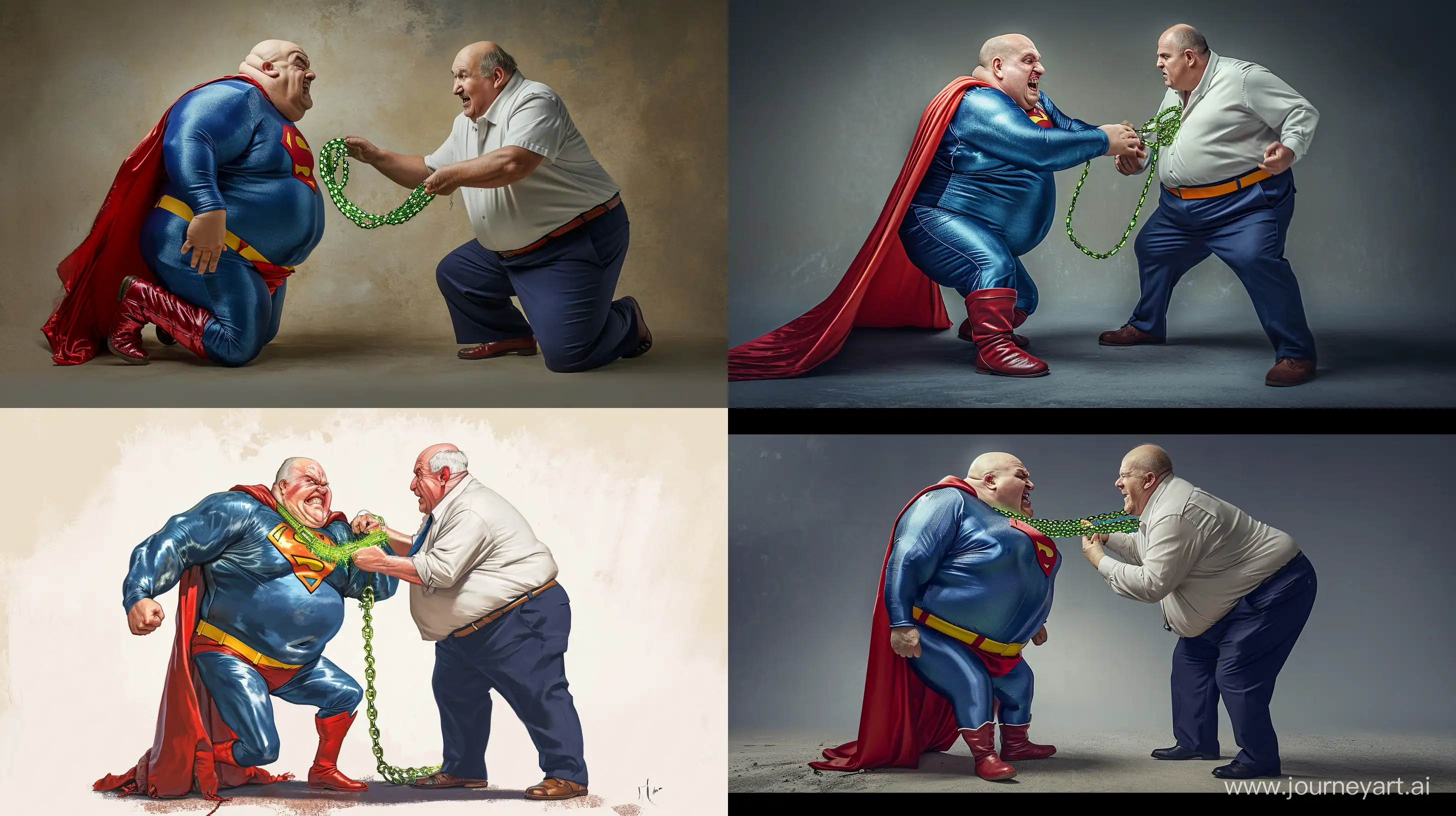 Photo of two men looking at each other. The first man is an angry chubby man aged 70. He is on his knees. He is wearing a silky blue superman costume with a large red cape, red boots, blue shirt, blue pants, yellow belt and red trunks. He wears a heavy glowing green chain collar on his neck. The other man is a happy obese man aged 70 is wearing navy business pants and a white shirt. He is tightening a green glowing necklace around the neck of the first man. Outside. --style raw --ar 16:9 --v 6