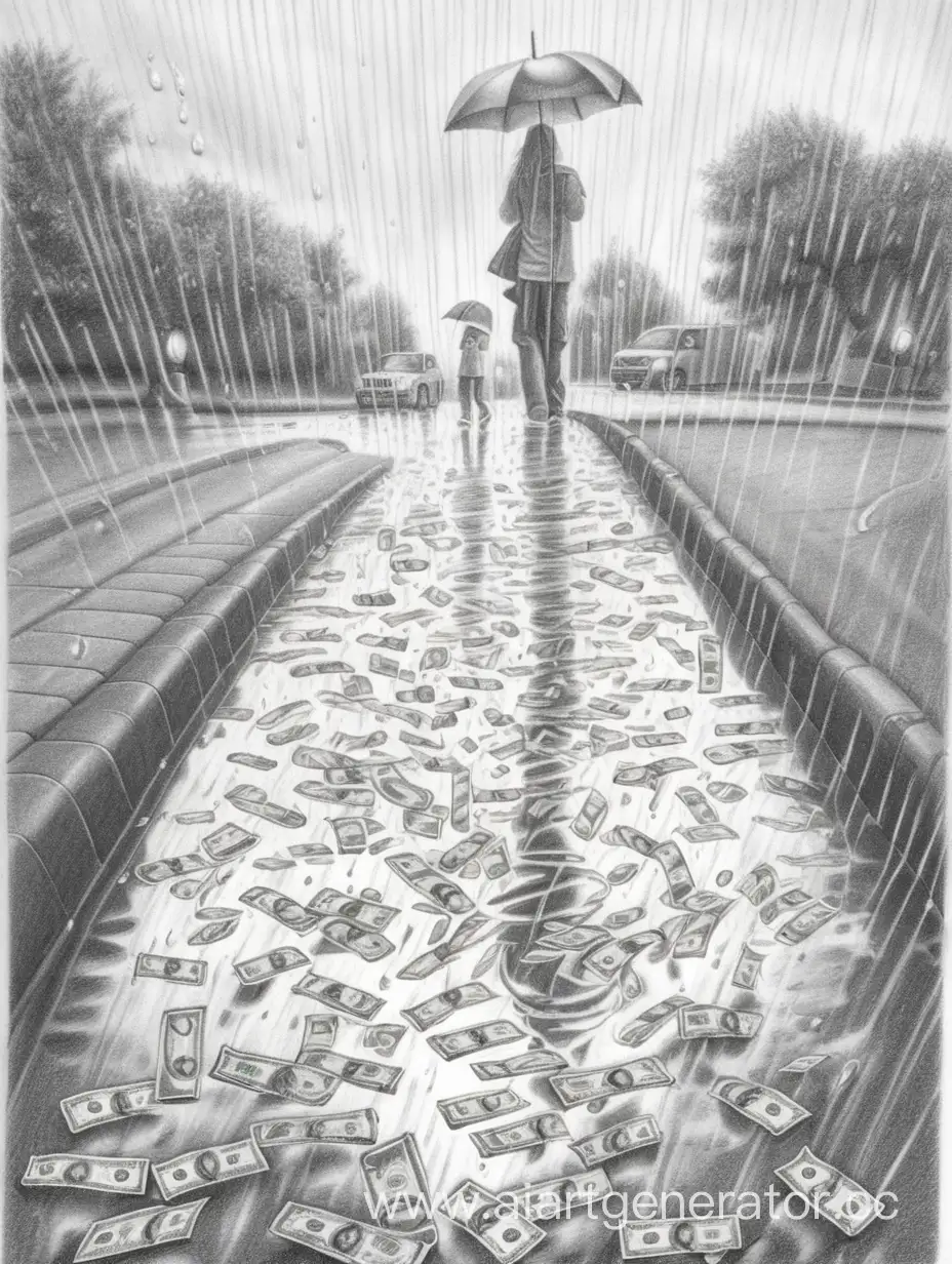 Pencil-Drawing-of-Money-Rain-in-Sunny-Puddle-Scene