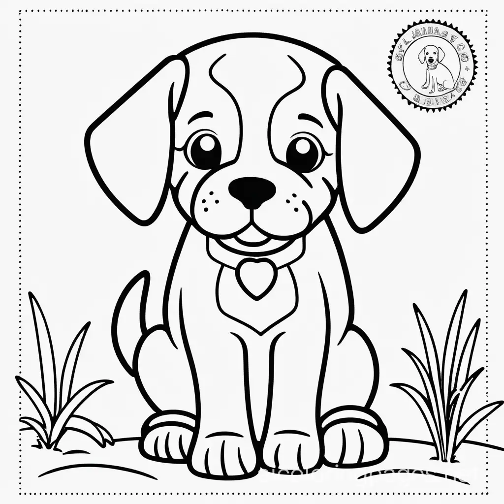 stamp with doggy
, Coloring Page, black and white, line art, white background, Simplicity, Ample White Space. The background of the coloring page is plain white to make it easy for young children to color within the lines. The outlines of all the subjects are easy to distinguish, making it simple for kids to color without too much difficulty