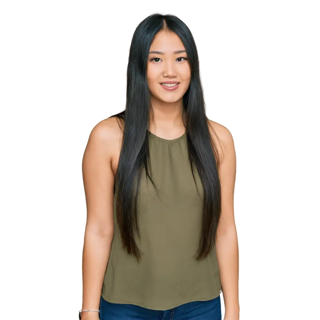 an Asian lady having lengthy hair, wearing Olive Green color top