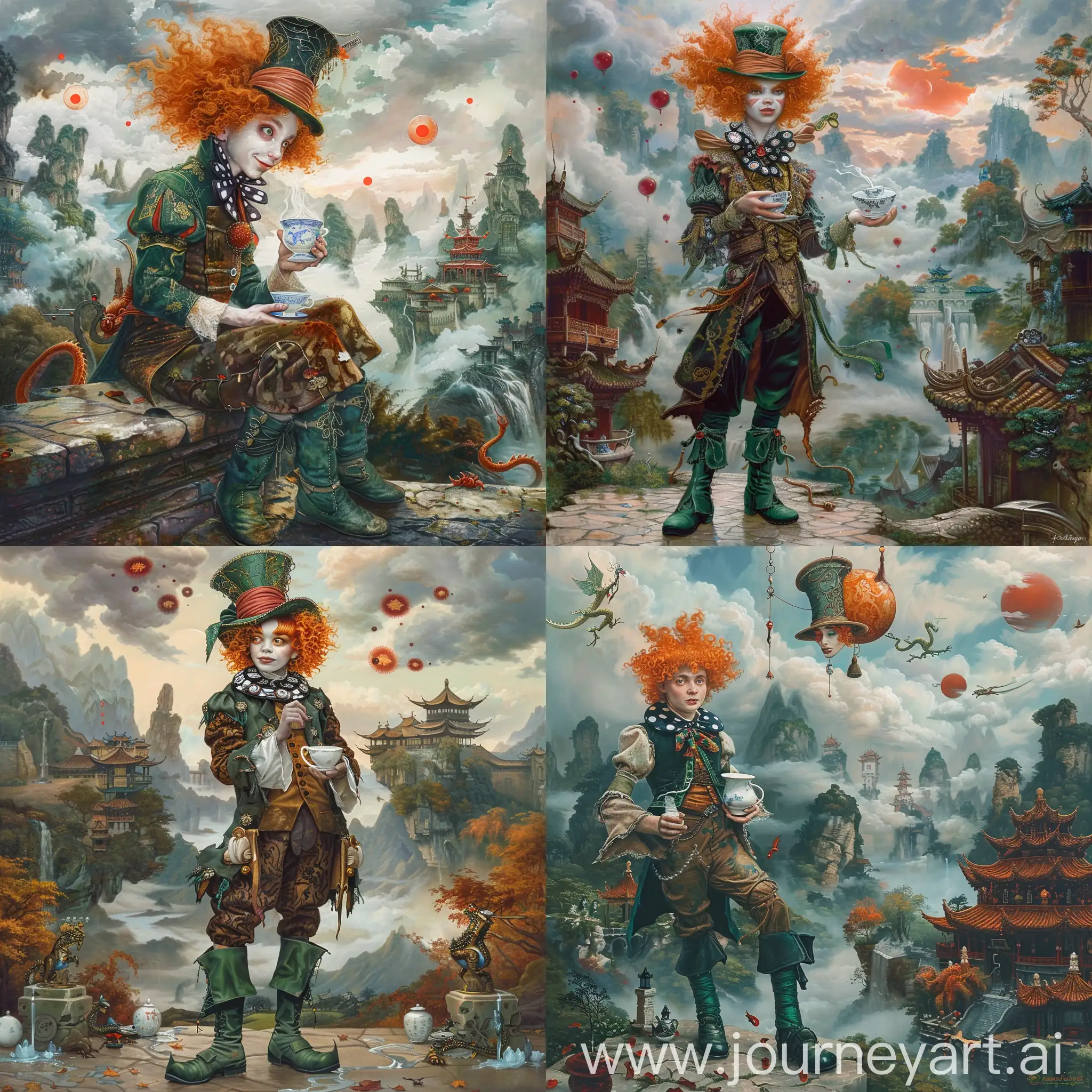 Historic painting style:

a Disney young and handsome British Villain, Mad Hatter, he looks like young Johnny Deep,

from the Disney Alice movie,

with orange curly hair,  pale skin and he wears dark green boots,

he wears a dark green Mandarin hat, he wears dark green and brown color Chinese Mandarin robe, dark green boots, he holds a white blue color Chinese Ming style porcelain tea cup in hand,

Chinese Guilin mountains and temple as background,  evil iced dragons and three small red blood suns in cloudy sky.