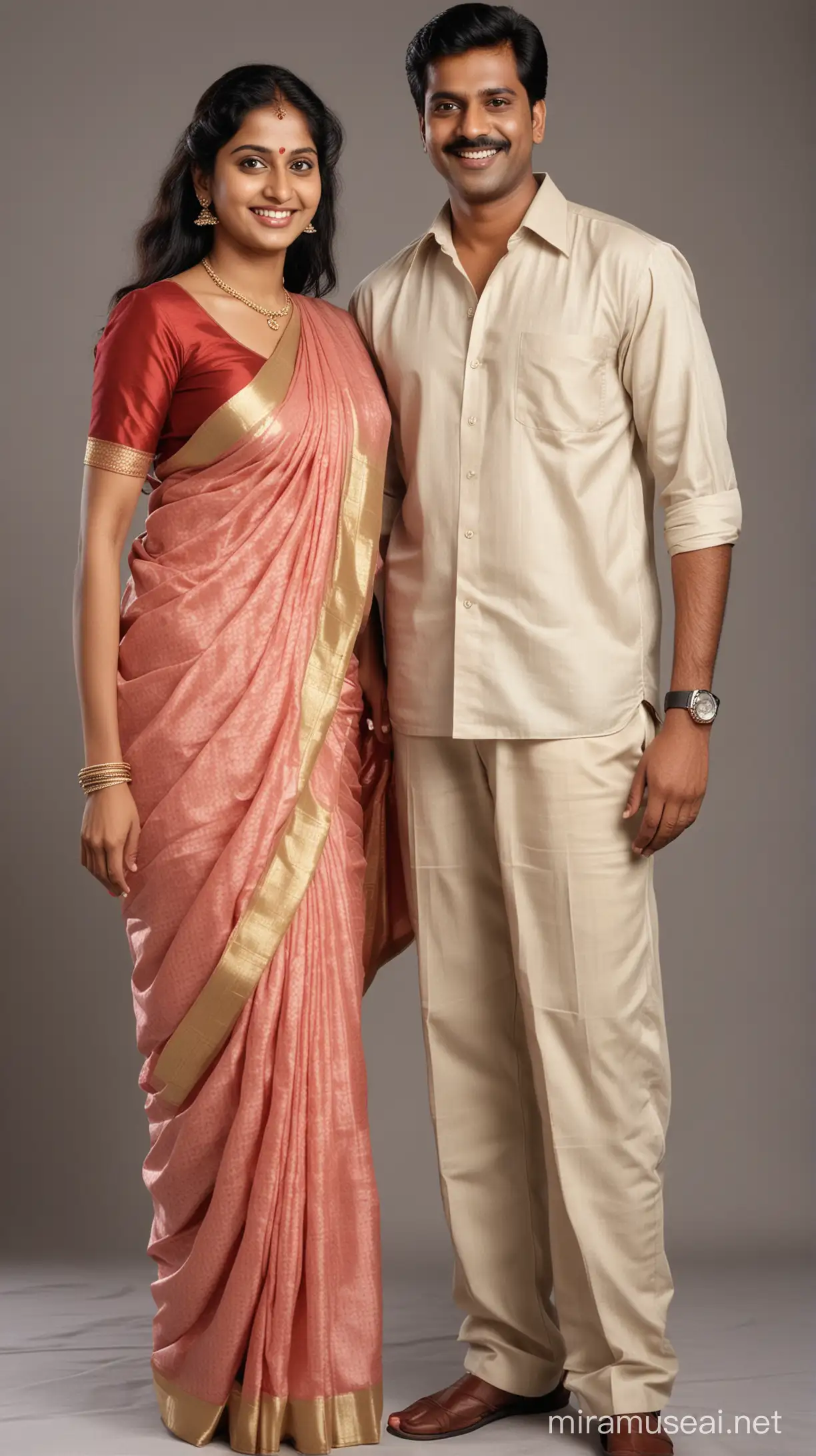 full length picture of a South Indian couple in the early 90s. Man wearing half sleeve shirt and pants. Woman wearing a simple saree. Both are smiling and posing for a picture
