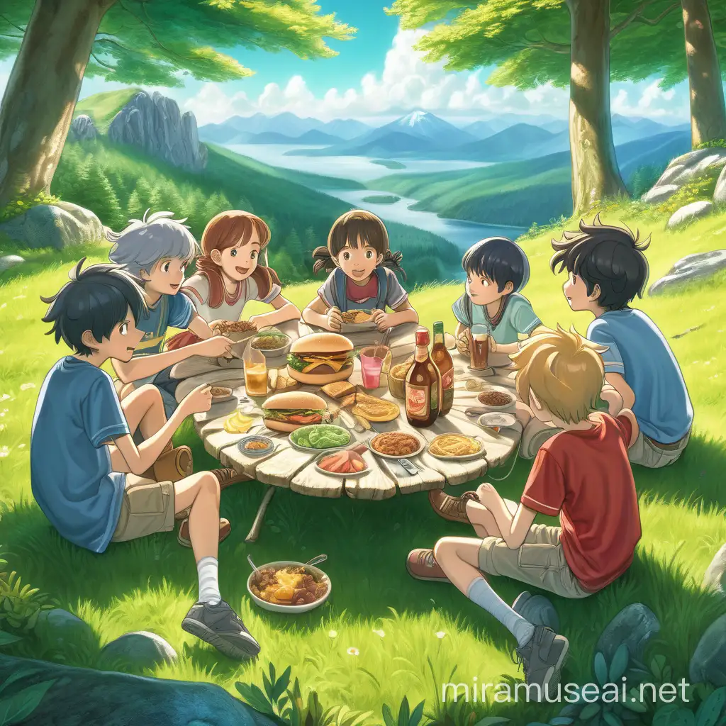 a group of young kid friends are sitting on the grassy ground around a table. There is a huge spread of food and drinks. Everyone is having a fun delicious time. They are in the forest, surrounded by bushes, rocks, trees and mountains. Interesting perspective. Digital art fantasy ghibli style