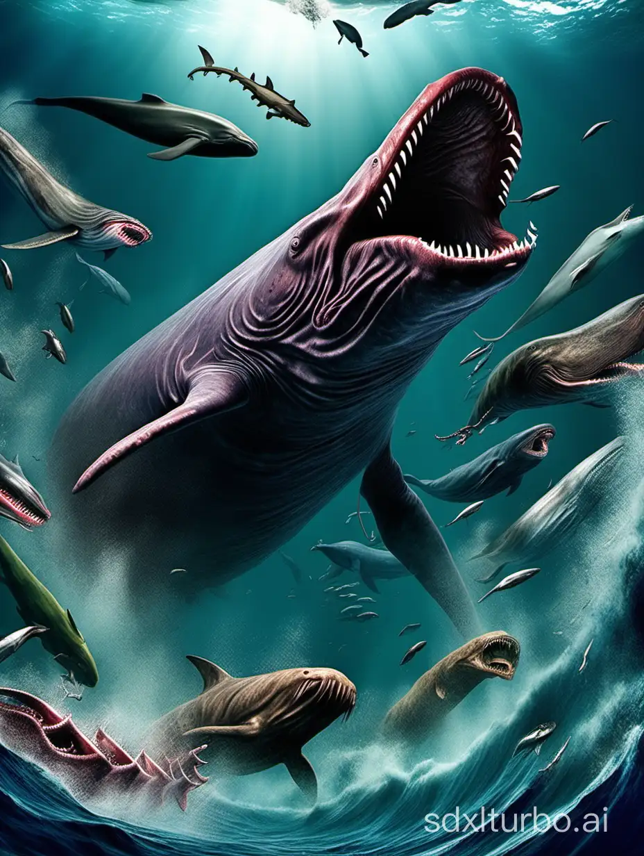 Deep sea monster duel, sperm whale, giant squid, high-definition realistic giant monster duel