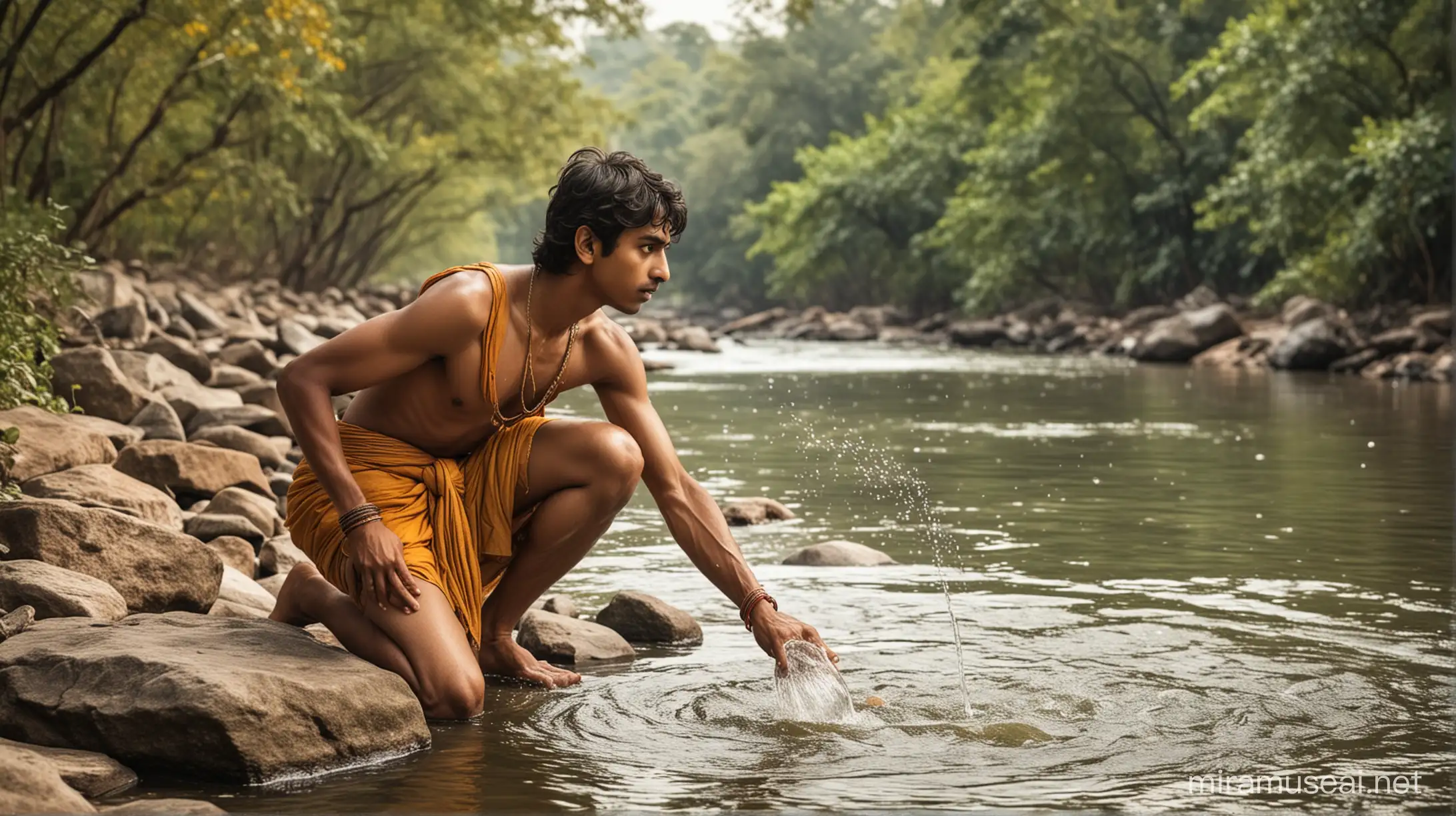 a young man from indian mythology taking water from river