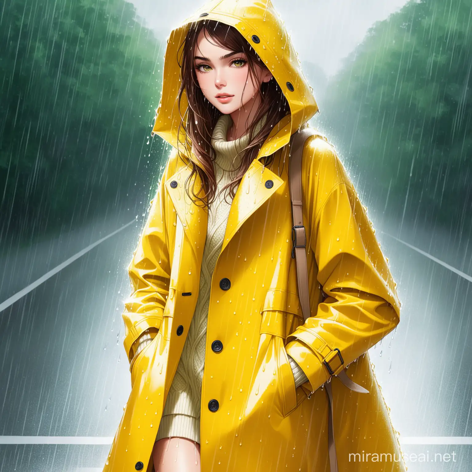 Imagine a runway classic yellow rain coat with an hybrid. of irish sweater in the rain coat tangled through it
