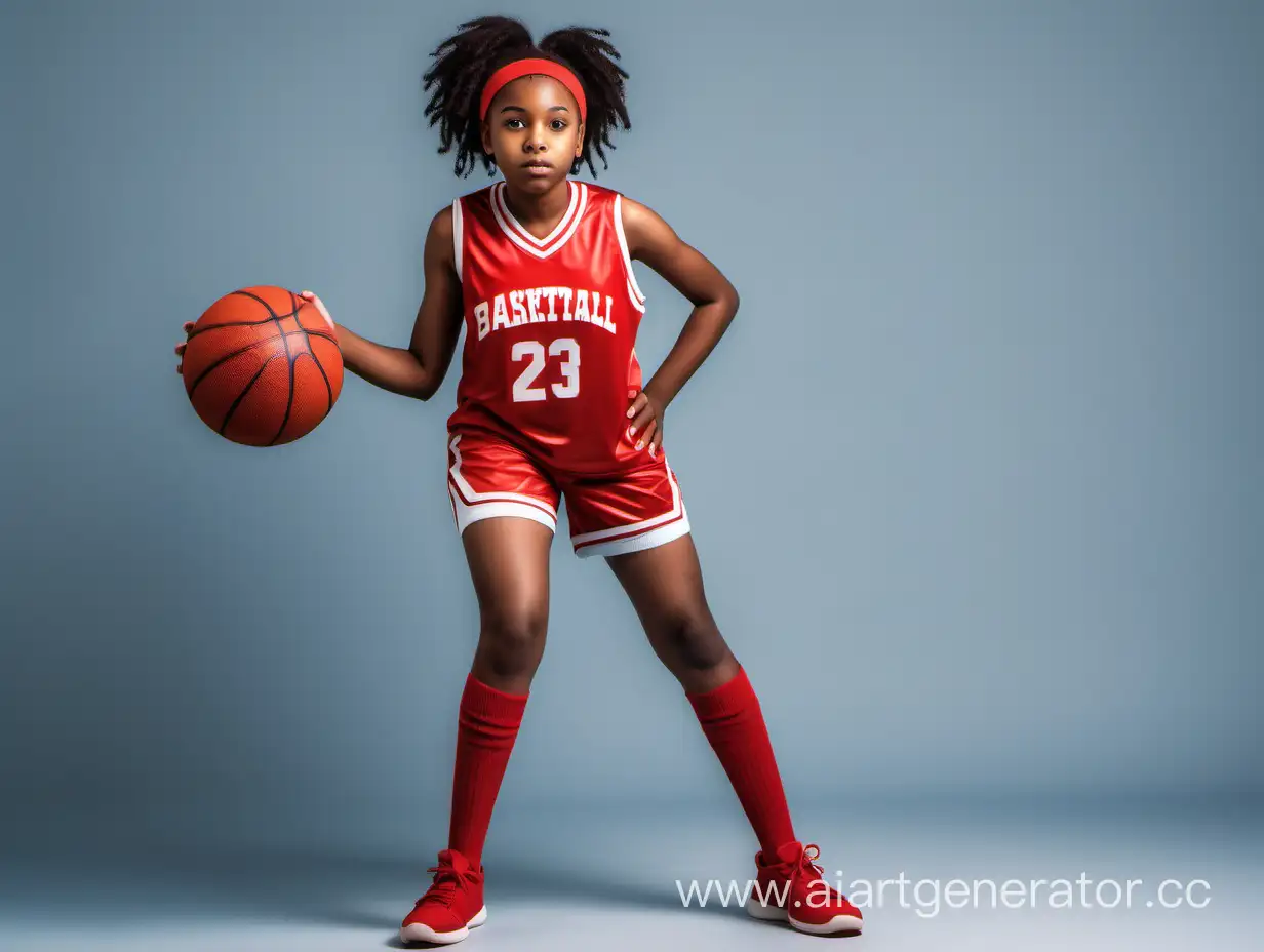 black girl with a ball for basketball dressed in red sleveless shirt, red sports shorts and red short socks