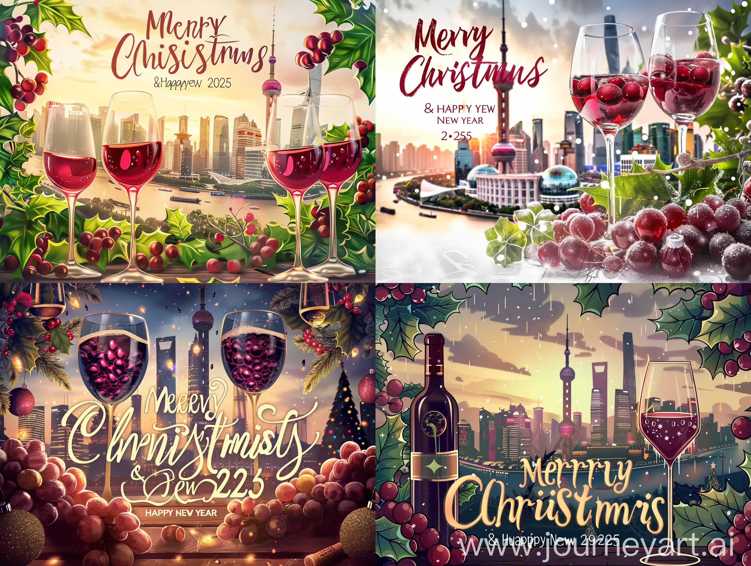 圣诞贺卡，上海陆家嘴做背景，要有葡萄酒和葡萄酒杯的元素，卡上需写：Merry Christmas &Happy New Year 2025