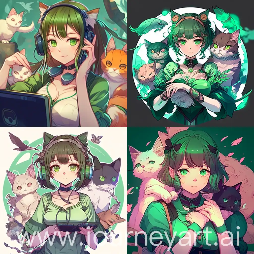 /imagine prompt: аватарка для телеграмма с аниме тянкой в зелёных цветах и с котиками в аниме стиле:: --v 4