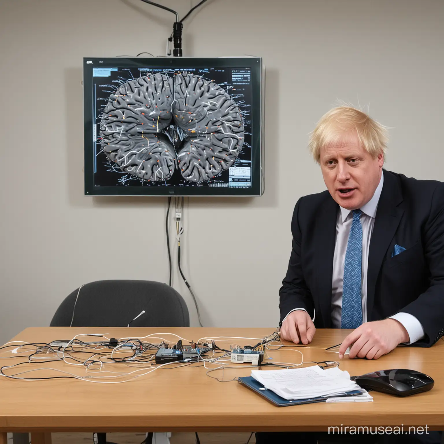 Boris Johnson with messy hair talking about brain activity. There is a big brain on a table with electrodes all over it. There is a large EEG screen behind him.