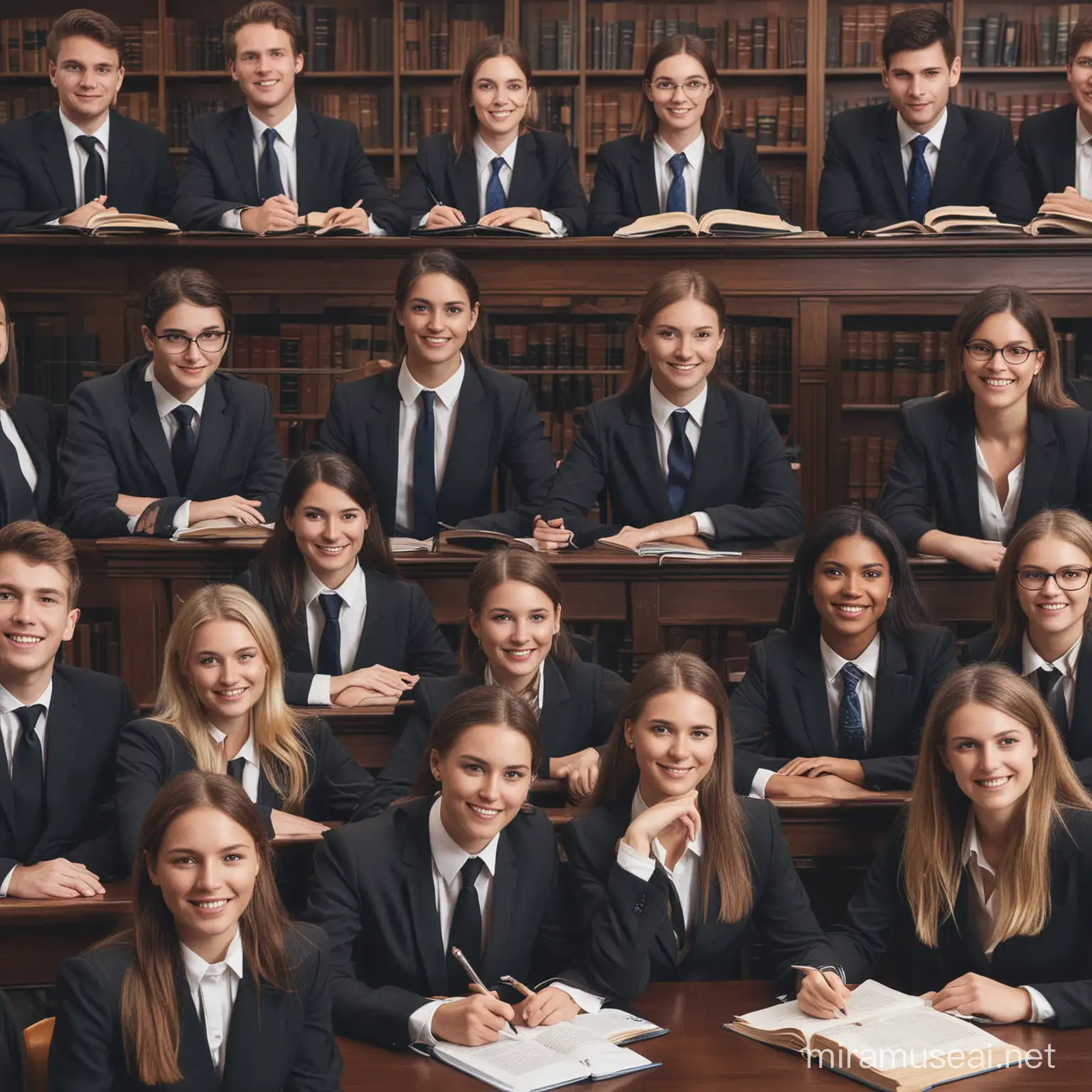 Create an image of law students learning how to be great lawyers