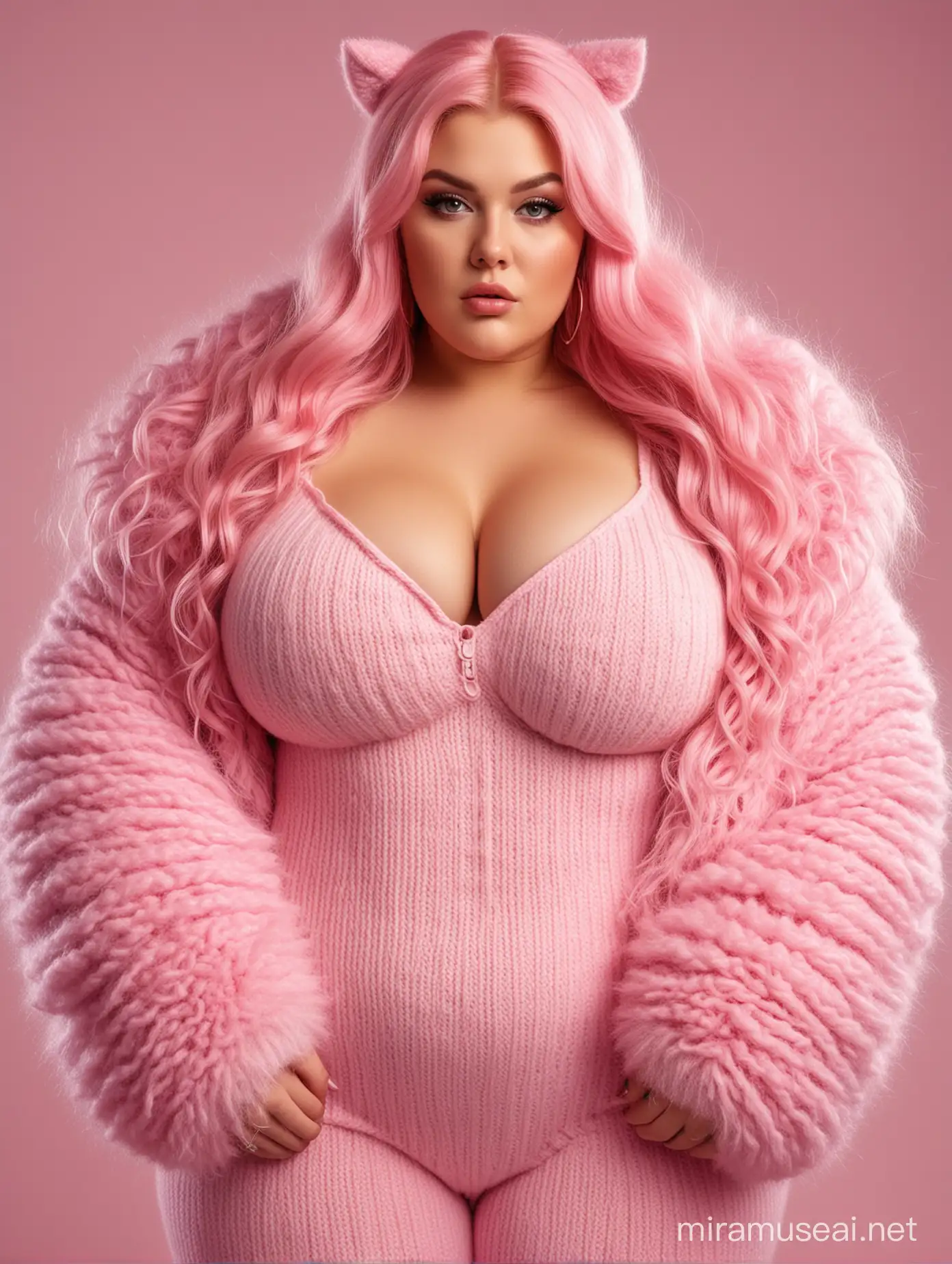 hyper-realistic photo of gorgeous plump curvy plus-size girl with huge round boobs, wearing a long cable-knitted fuzzy wool catsuit covered in long pink artificial hairs 