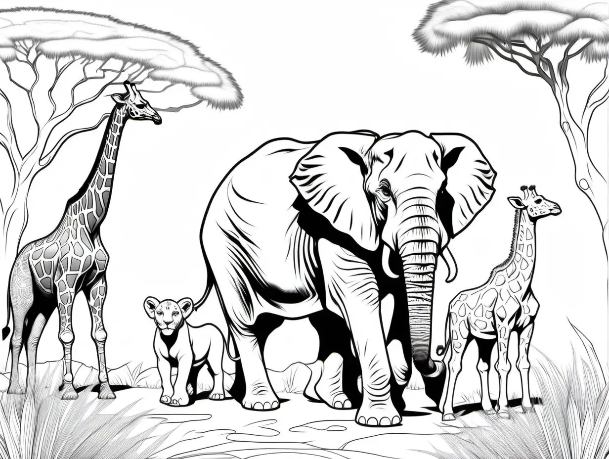 coloring page for adults,  image of elephant, giraffe and lion, in the Safari, clean outline, no shade