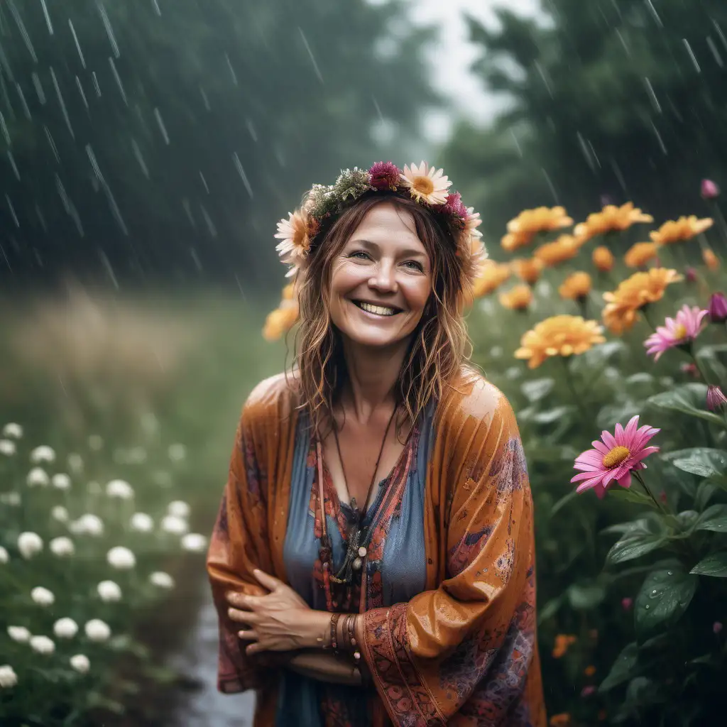 a realistic photo, of a 40 year old woman, boho style, happy, in the rain, outdoors surrounded by flowers
