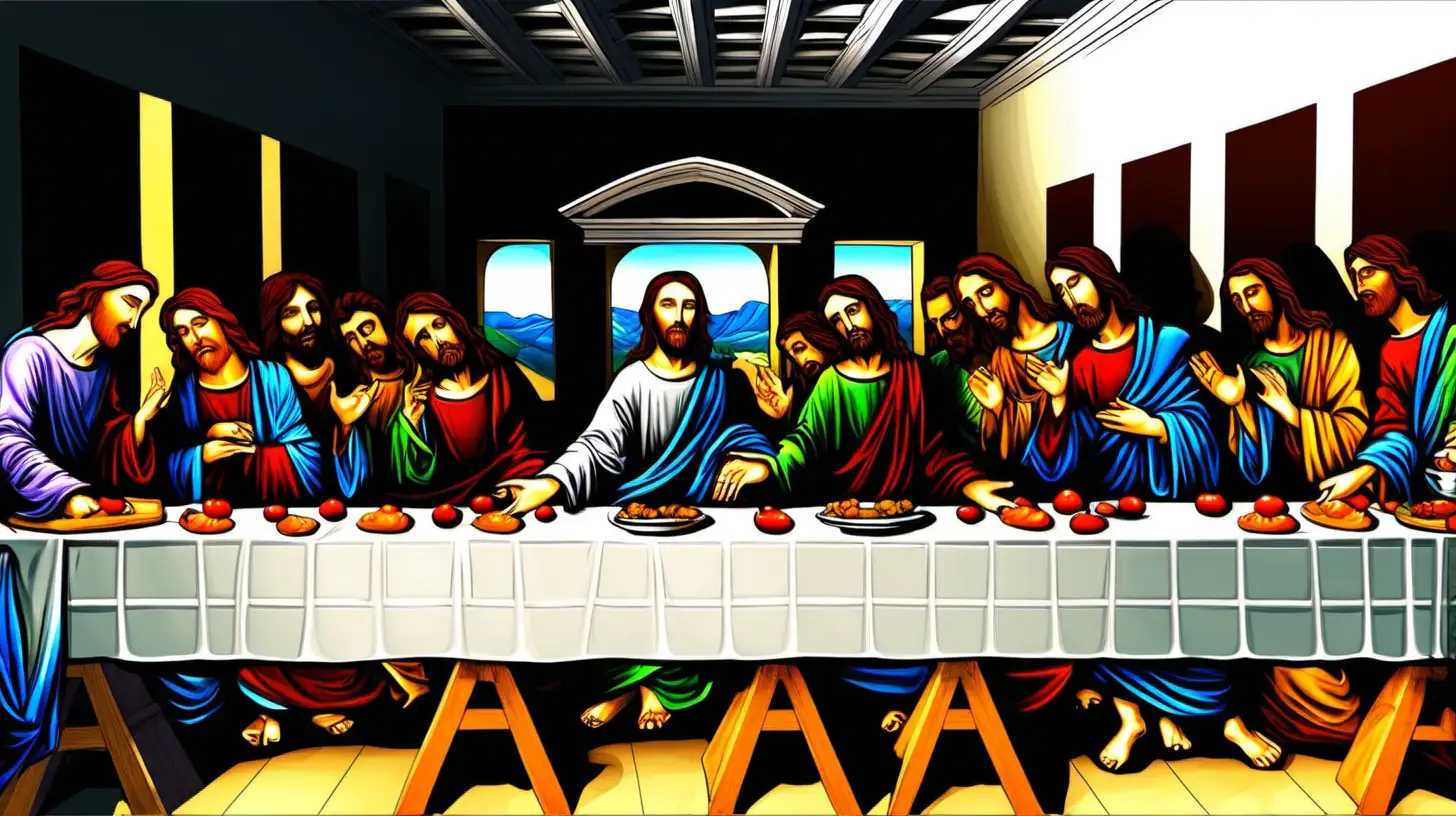 / prompt create a drawing of the last supper jesus christ in colour