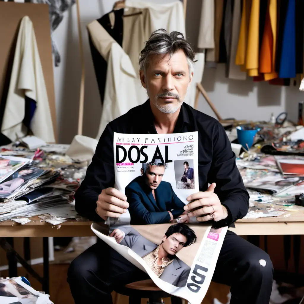 A male fashion designer, sitting in his messy studio, holding the closed A4 cover of a magazine. He is 52 years old.