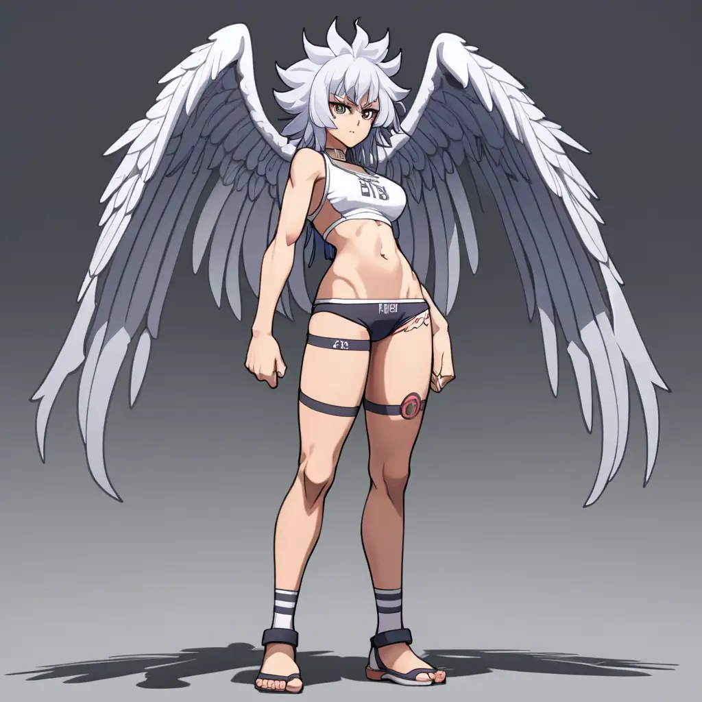 anime woman, tall, buff, half demon, half angel, bored expression, angry, low energy, tired, intimidating, wild hair, judgement, standing tall, full body, looking over shoulder, dynamic pose