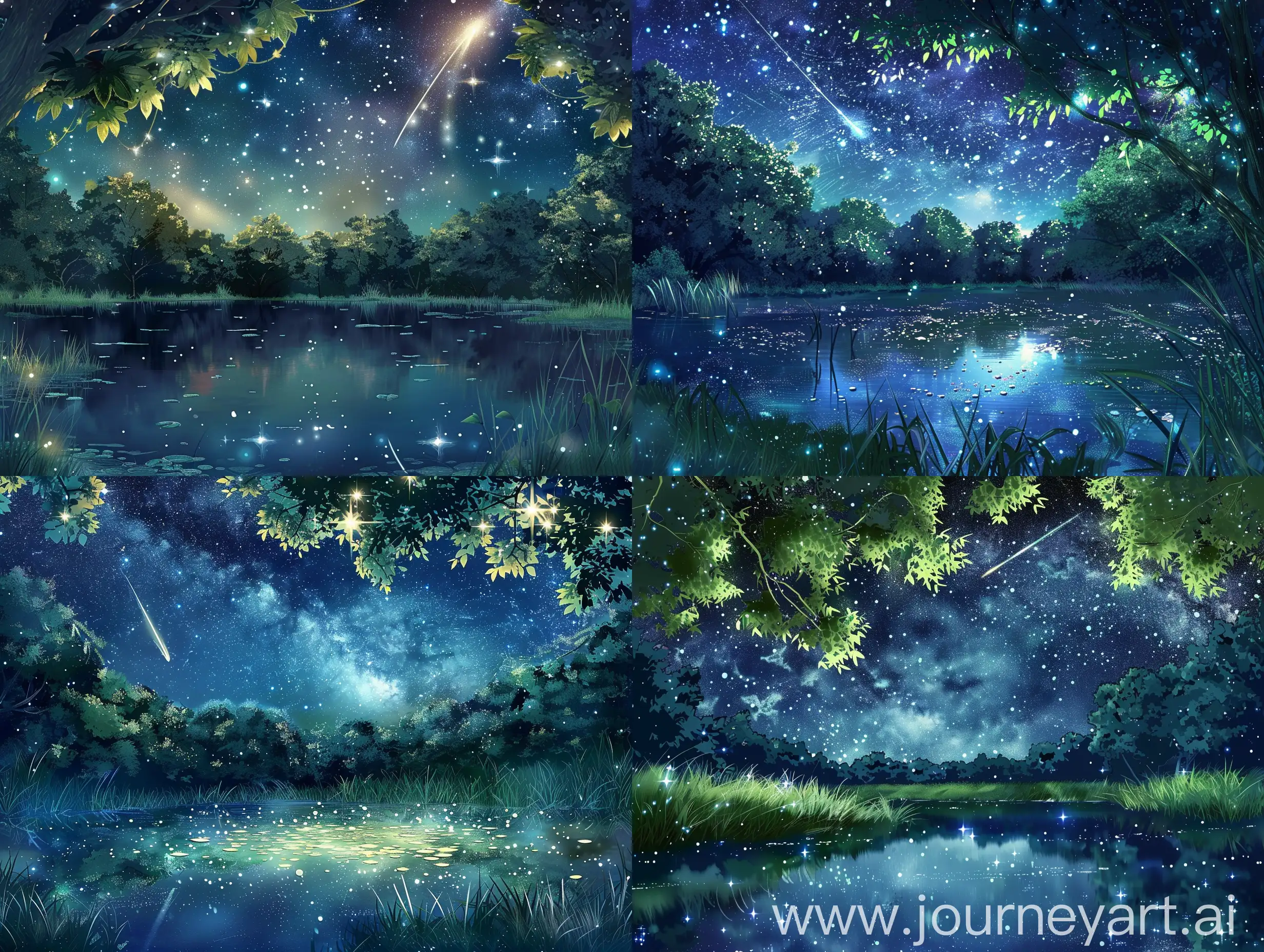 A pond surrounded by trees and grass, the night sky full of stars and a shooting star.  There are tree leaves above the water pond, and those leaves glow strangely.  The starry sky is reflected in the water in the pond.  Fantasy, anime style.