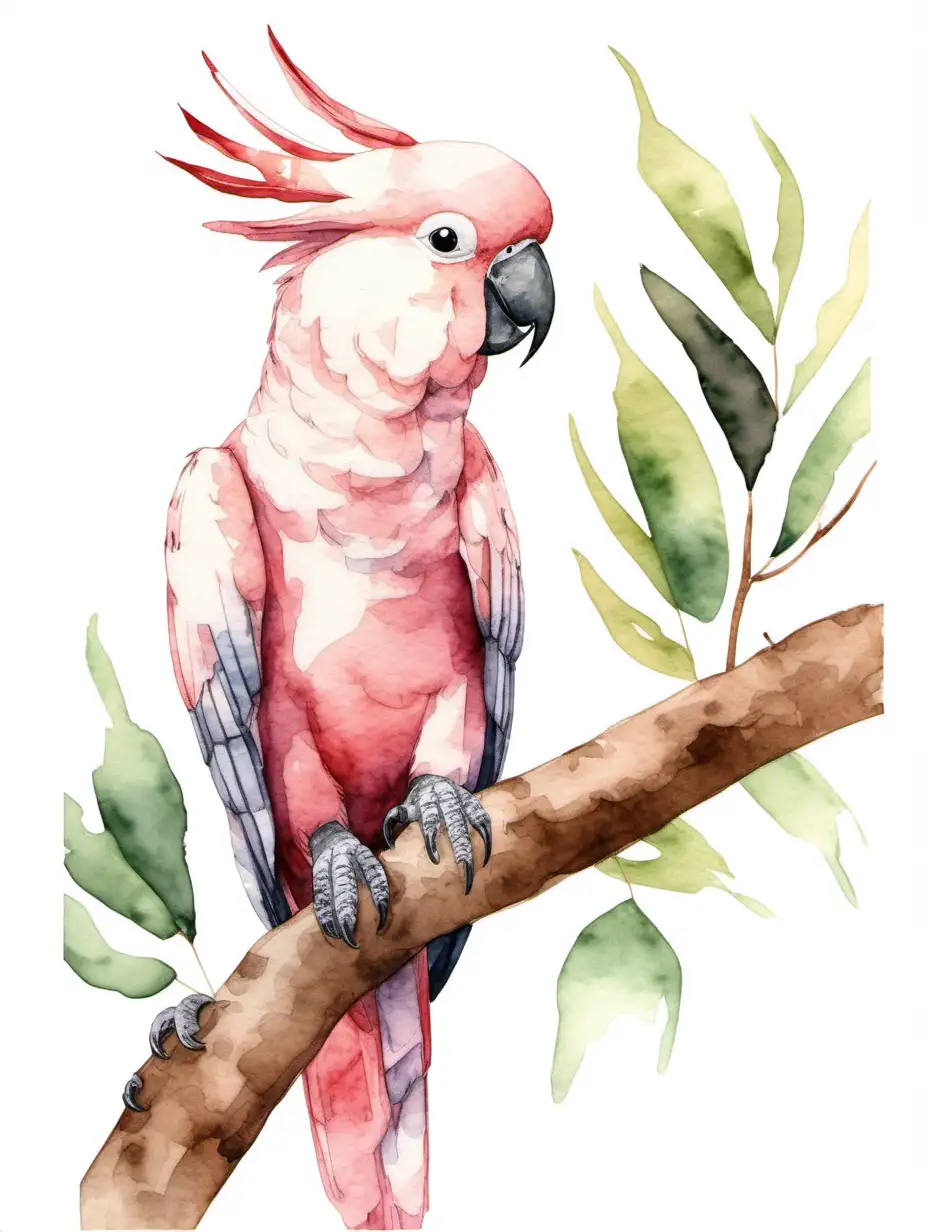 Pink Cockatoo Perched on Branch HandPainted Watercolor Art