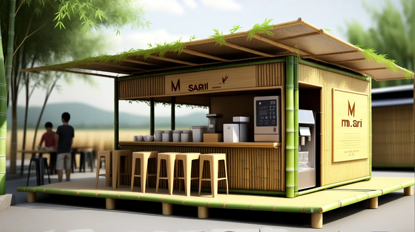 M-Sari branded nice casual rural bamboo container cafe,  solar panel roof with parabole