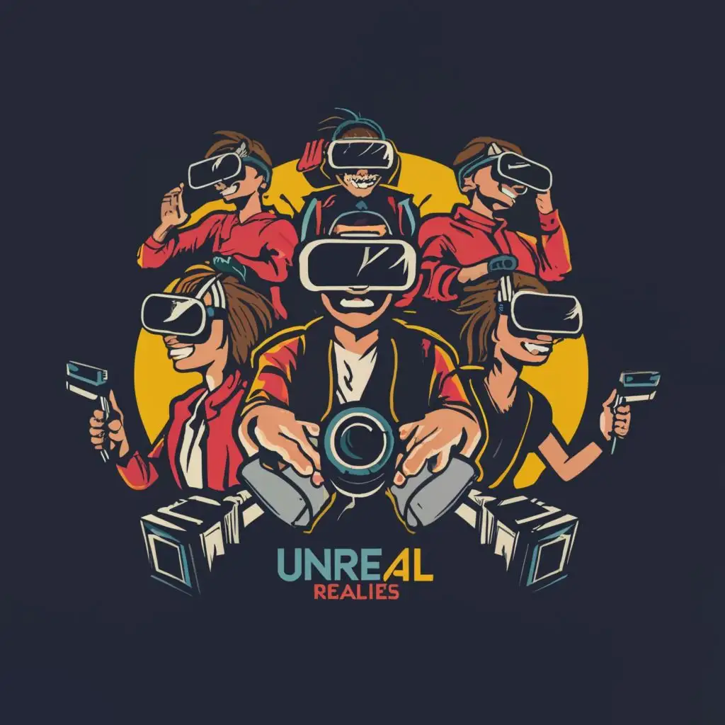 logo, The logo features six members of a group, each wearing a VR and doing poses with VR Joystick. The VR have the words "Unreal Realities" written on them. uniquely for each member . The overall design should convey a sense of unity, teamwork, and excitement for gaming. make it simple and unique., with the text "Unreal Realities", typography, be used in Entertainment industry