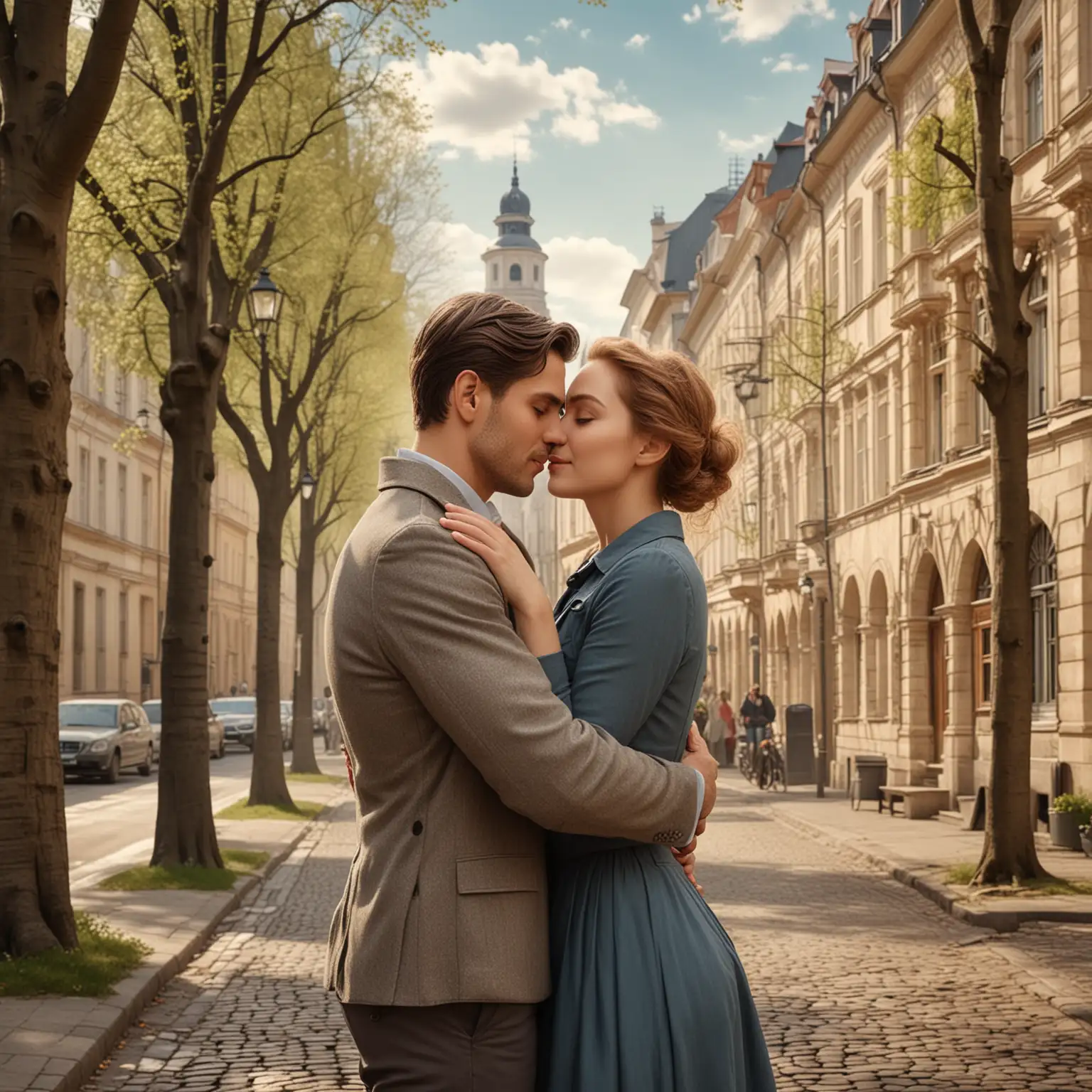 Fotorealistisches Liebespaar. Mitteleuropäischer Mann und mitteleuropäische Frau umarmen sich liebevoll. Sie stehen in einer Straße mit historischen Häusern und einer Baumallee. Die Jahreszeit ist Frühling.