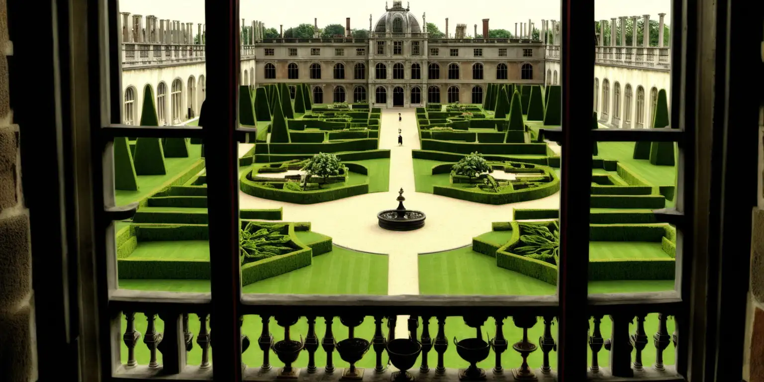  A view out of an library window across a palatial garden set in 1595

