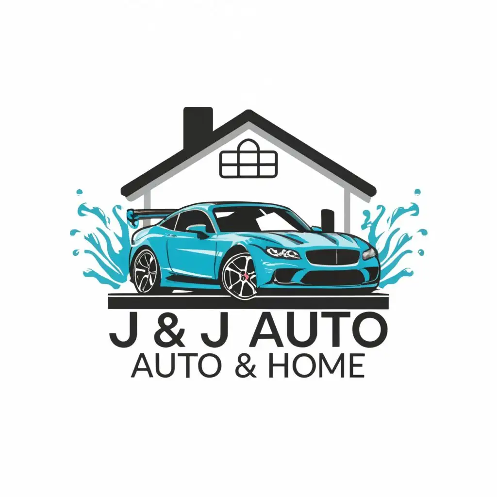 logo, Sports Car with a House in Background  and water splash., with the text "J & J" and the text 
"Auto and Home", typography, be used in Automotive industry