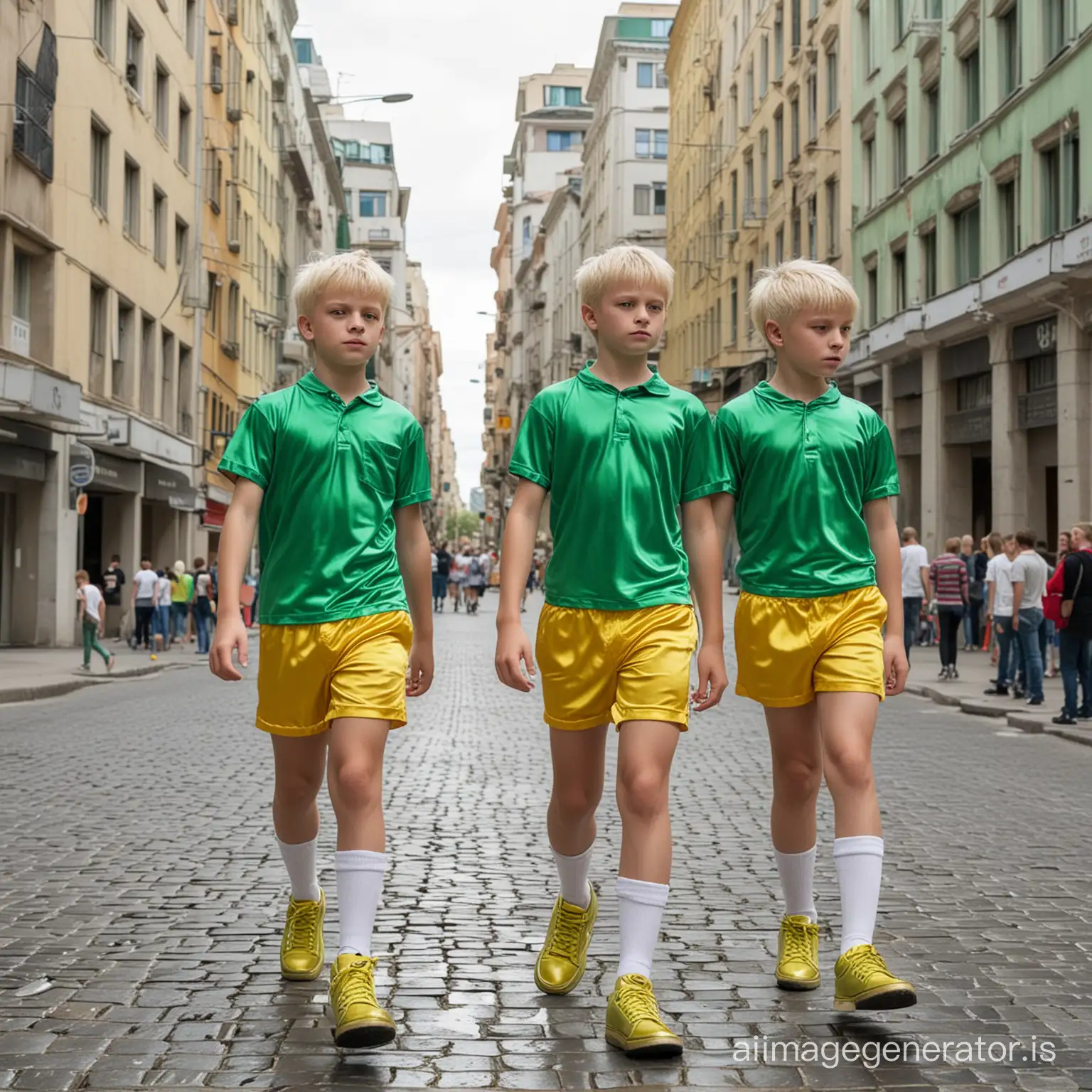 Three blond boys of 14 years old in short shiny satin green shirts, very short green shorts with a yellow belt, white knee socks, green sneakers. The boys walk through the square of the city of the future, all the buildings are made of shiny metal and glass.