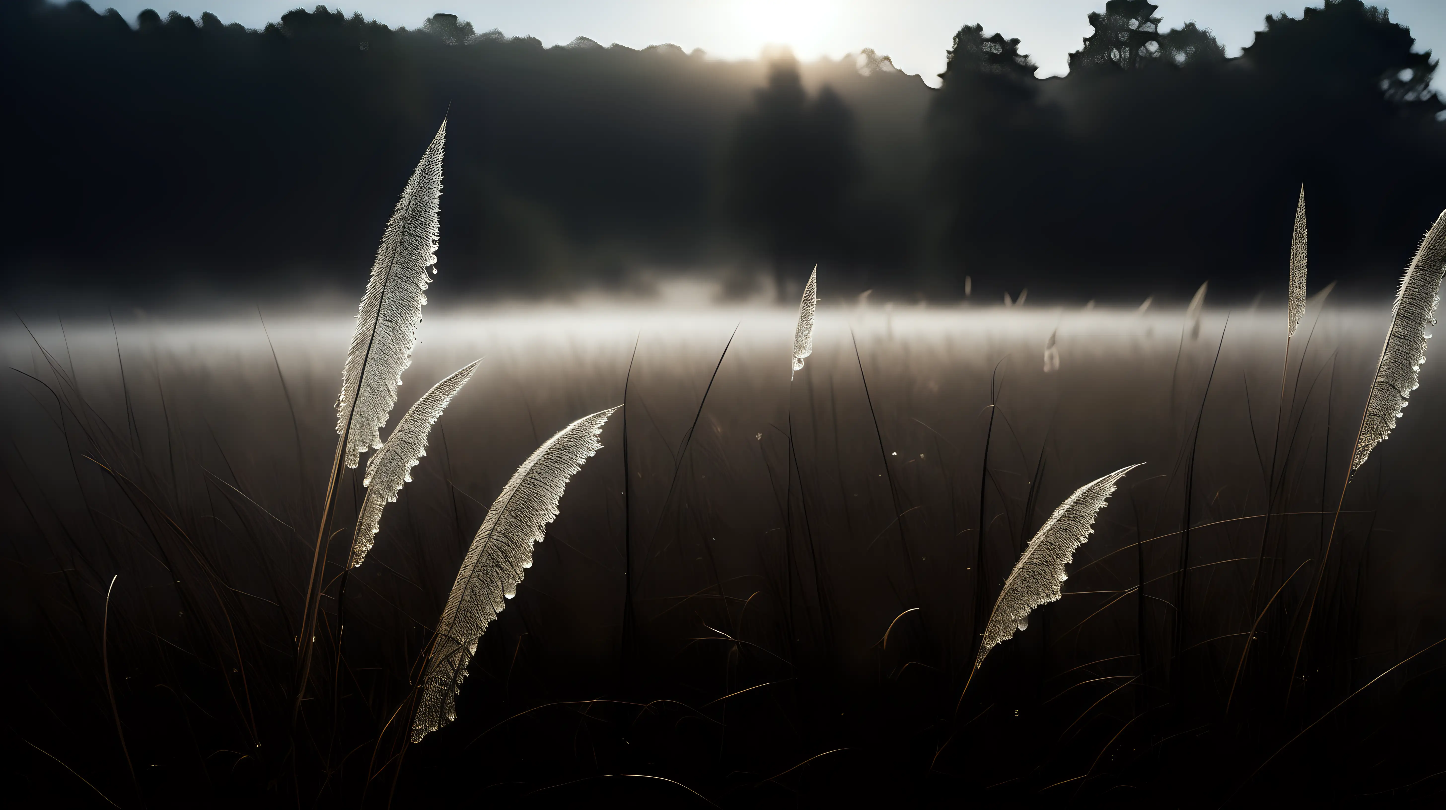 Mystical Meadow Enchanting Scene with High Dry Grass and Soft Light in Dense Fog