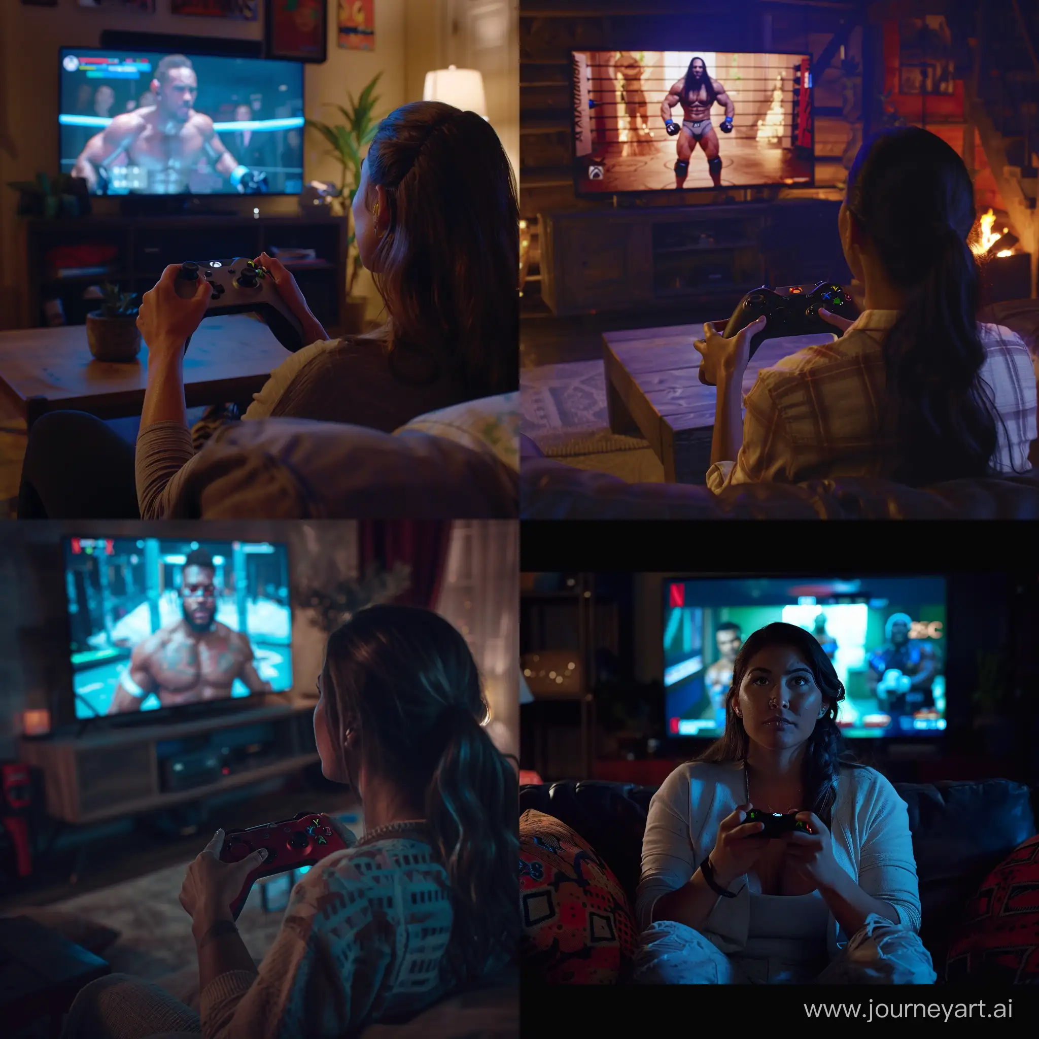 Still from a Netflix series, A woman, Playing wwe 2k23, with the Xbox One,watching the tv 