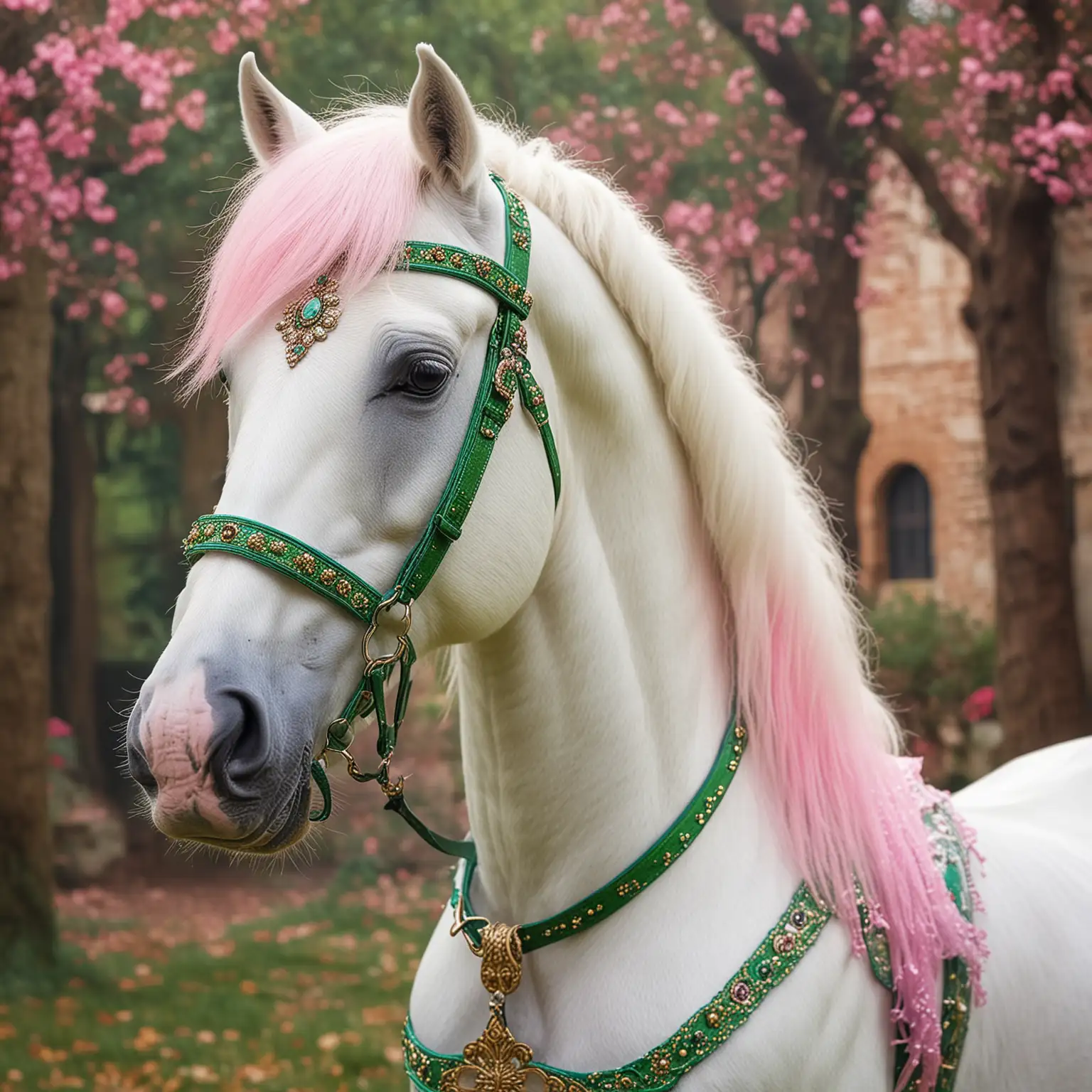 A white fairytale horse with a slightly longer forehead, looking very smart, showing off it’s new costume in green and pink , drama queen, adorable, in a fantasy setting, vivid colors