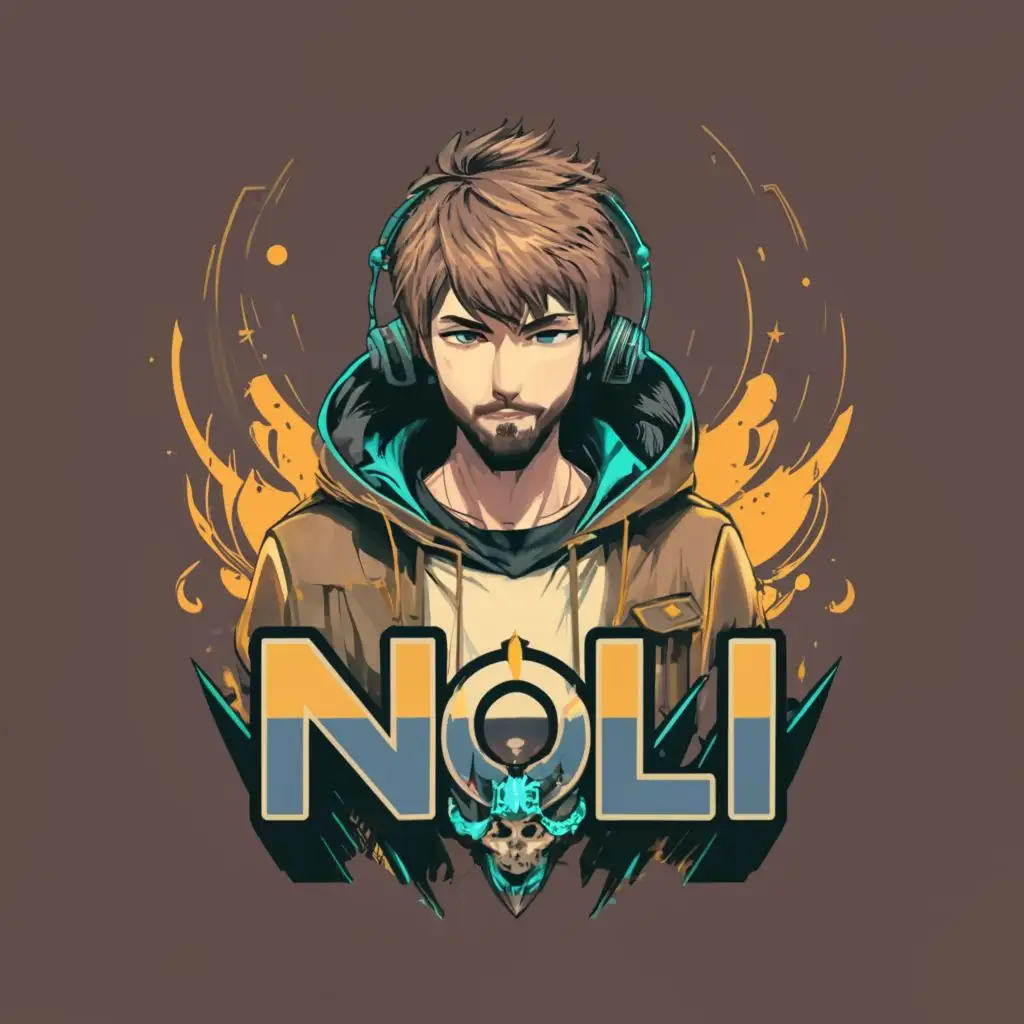 a logo design, with the text "N0LI", main symbol: anime Gamer with headphones and hoodie on, Moderate, clear background short hair that is dark brown, blue eyes, short beard