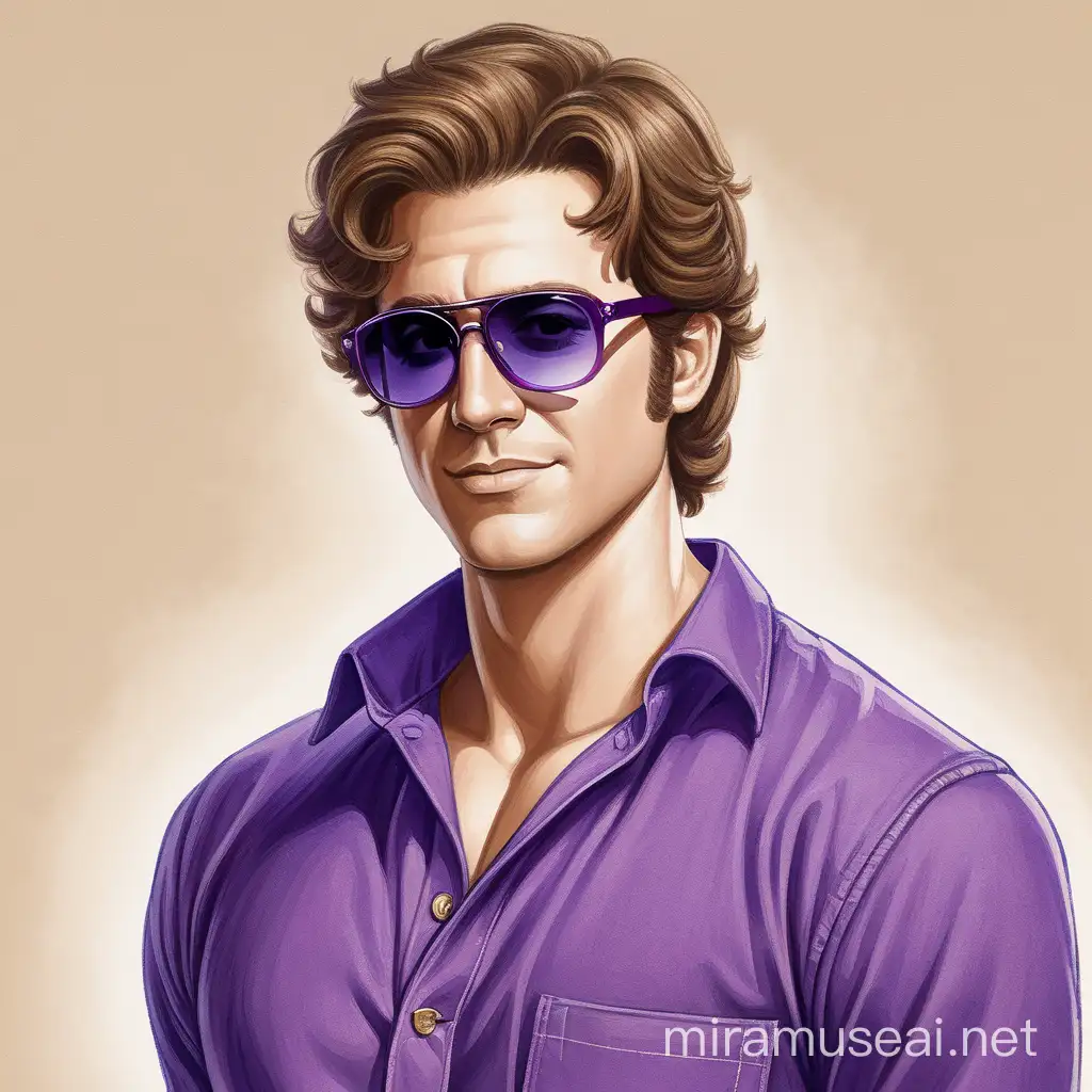 Un actor con cabello marrón.

Tiene una camisa morada y pantalón azul, además, tiene puestas unas gafas de sol.

