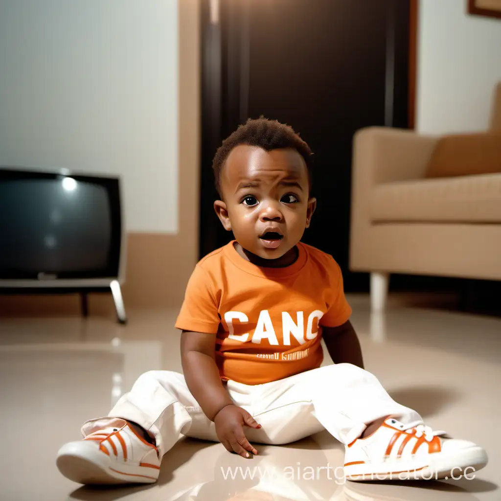 Analog style, cinematic lighting, soft light, wide shot of a handsome African American baby boy, wearing an orange coloured t-shirt and white coloured trousers, wearing a white sneakers, sitting on sandy floor, beside a Television set, television shows people fighting,  shot with Canon EOS R6 Mark II, photorealistic,