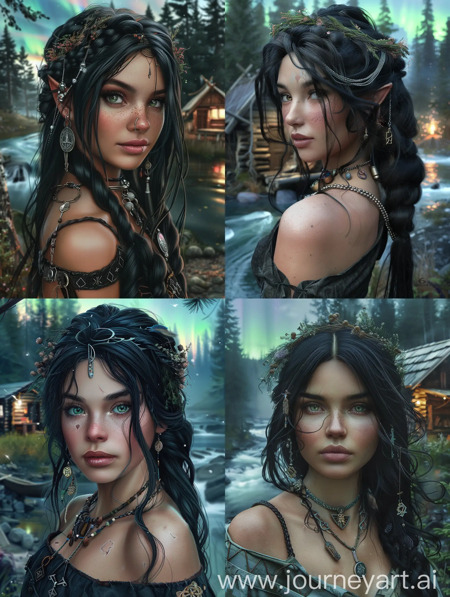 A beautiful realistic witch in a mystical forest. She has an unusual appearance: black hair with a silver strand cascades over her shoulders, amulets and runic pendants, and a rim of dried flowers in her hair. She looks expressive, her pose is free. majestic fir trees and the river, shining auroras and the herbalist's hut are visible in the background, but the young witch herself is in the center of attention in close-up, radiating a sense of calm strength and serenity. v6