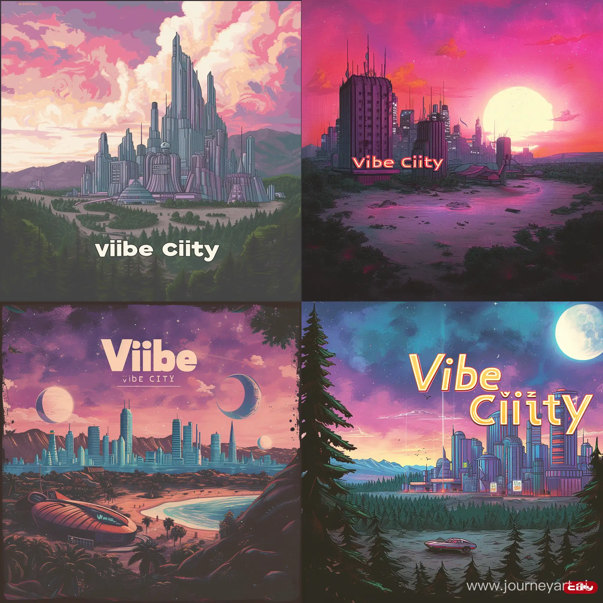 A 70’s retro style city, with the words “Viibe Ciity” in the skyline