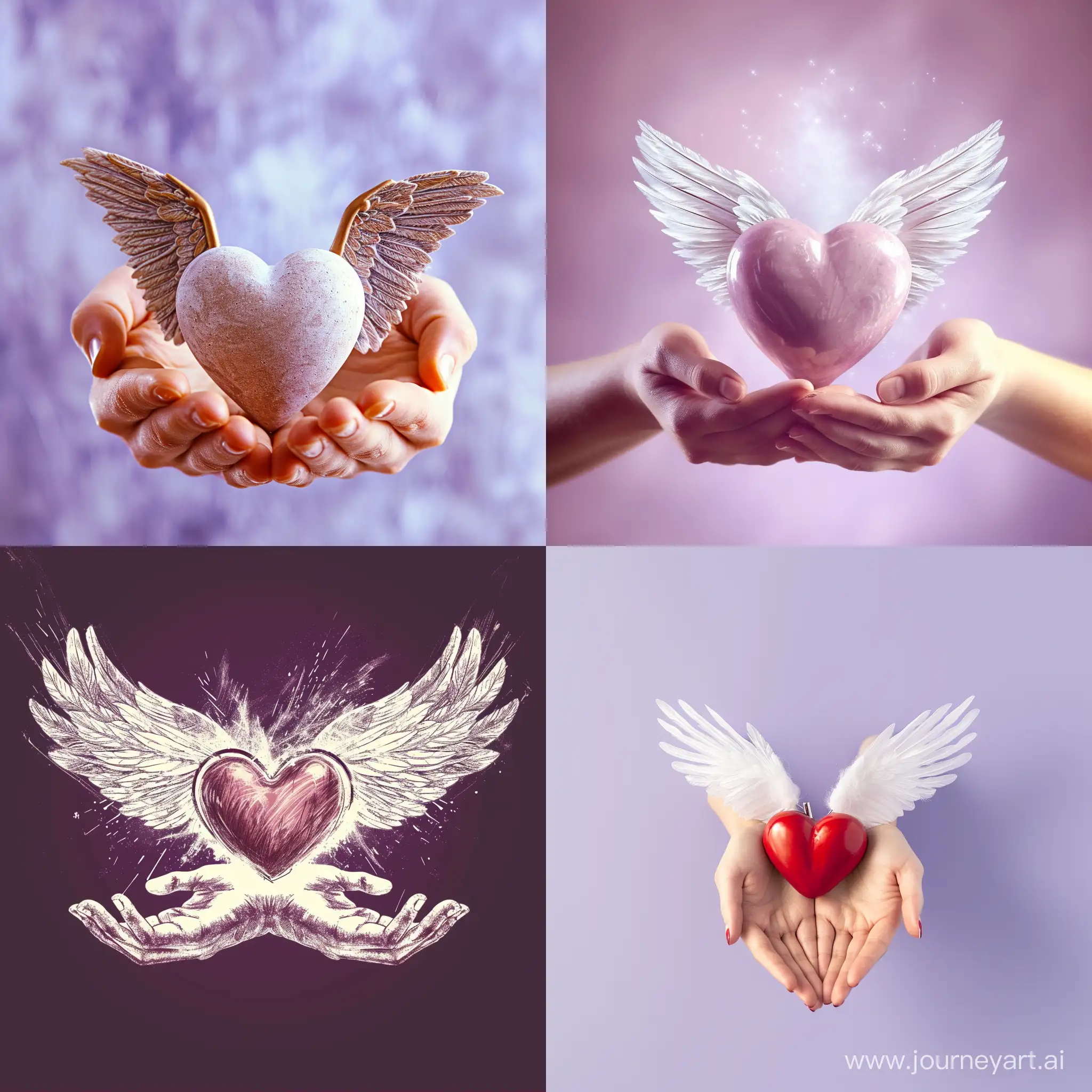 сердечко  с крыльями в ладонях, выражение любви и благодарности, забота и любовь, нейтральный фиолетовый фон с ощущением воздуха