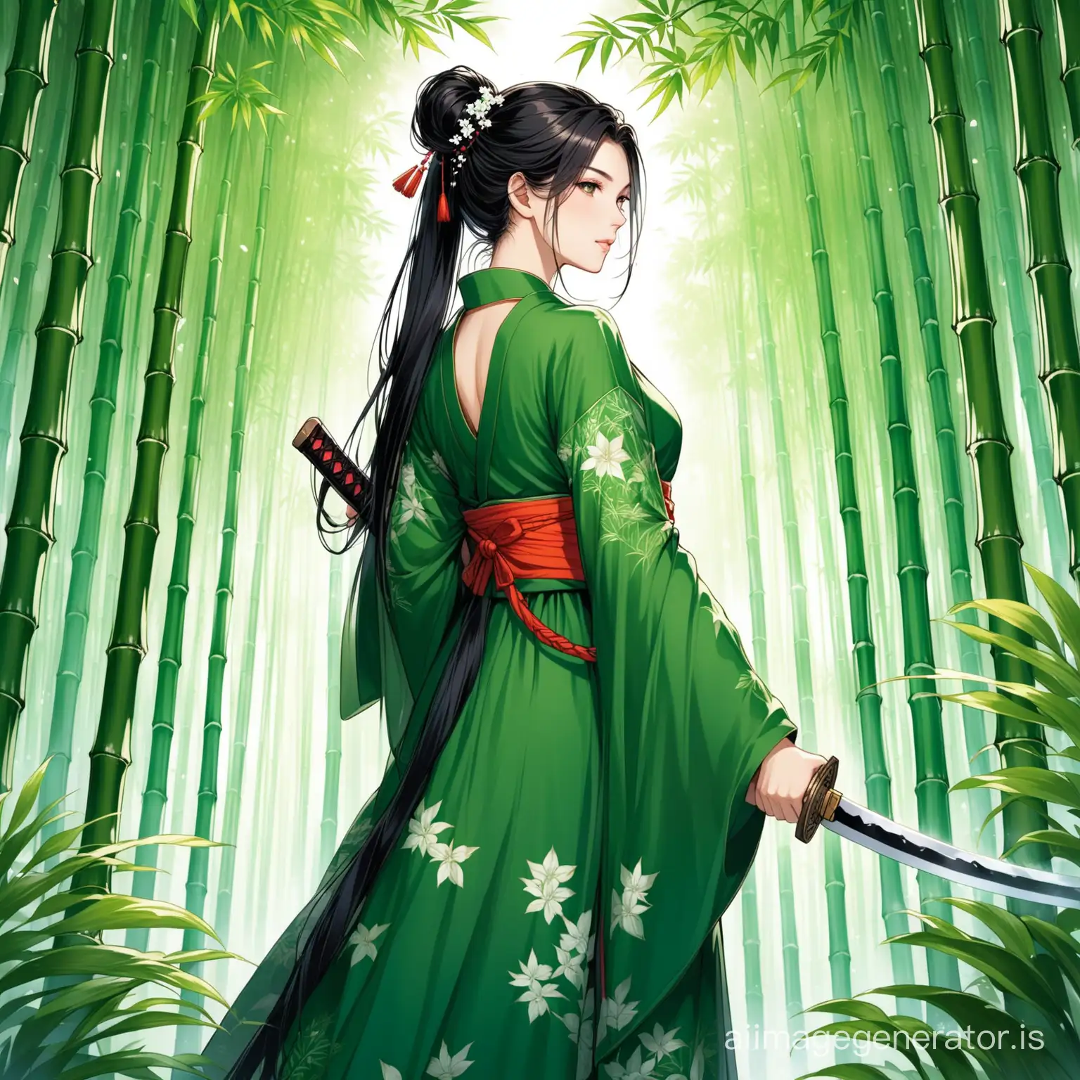 Imagine a female samurai who embodies the essence of nature itself, her form a mesmerizing fusion of plant life and warrior spirit. She stands tall and proud in her Hanfu attire, the fabric adorned with intricate floral patterns that seem to bloom and intertwine with her verdant form. Jet black hair cascades down her back, a stark contrast against the lush greenery that envelops her. Her skin, a delicate blend of human and plant tissue, glows with an otherworldly radiance, while her eyes shimmer with the wisdom of ancient forests. In her hand, she wields a katana forged from enchanted wood, its blade shimmering with ethereal energy. Set her amidst a serene garden or bamboo grove, where the tranquility of nature harmonizes with the intensity of her warrior's spirit. Capture the essence of her strength, grace, and connection to the natural world in your depiction.